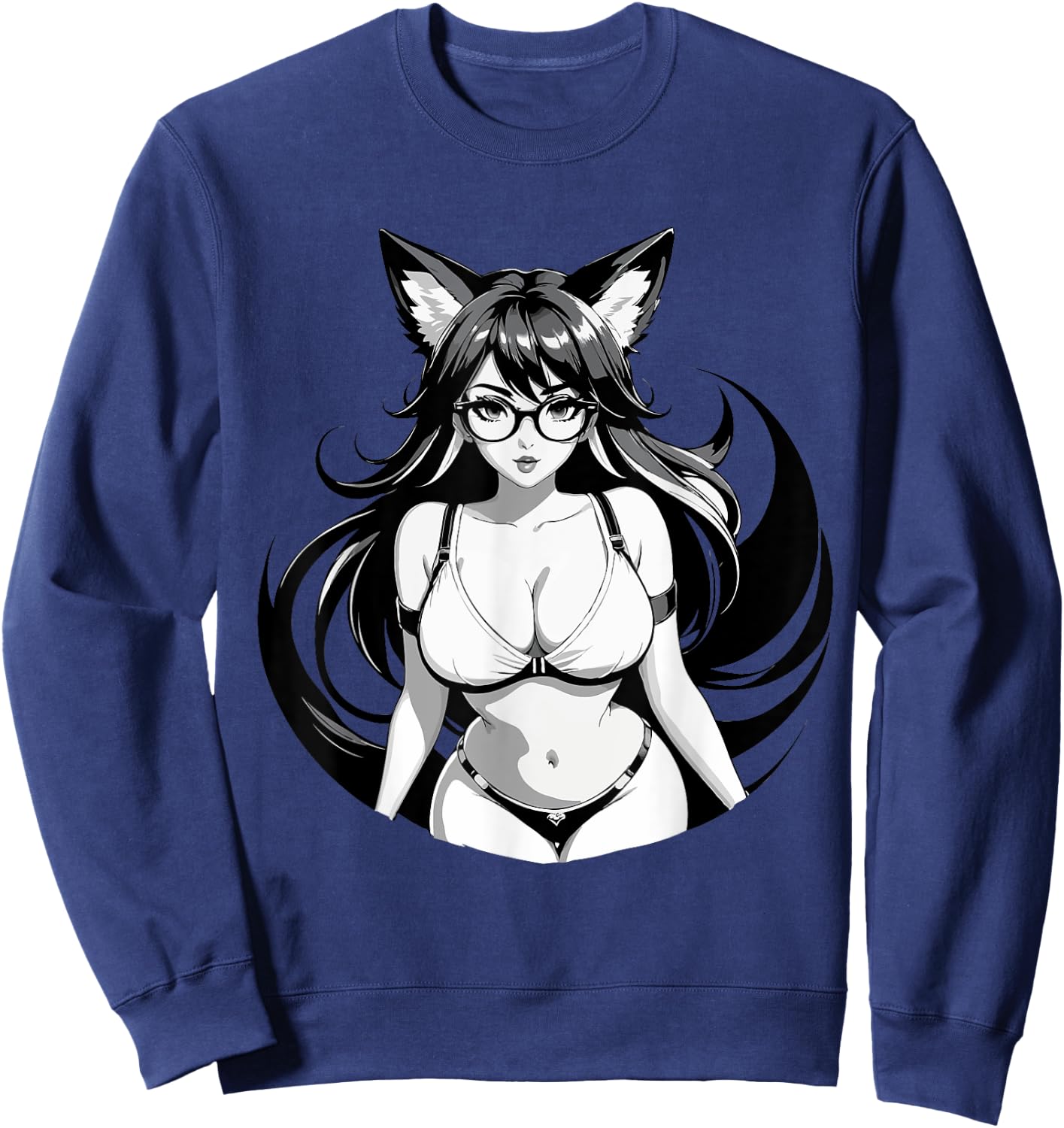 Sexy Waifu Otaku Anime Fox E-Girl Japanese Black & White Sweatshirt - Sweatshirt | Navy
