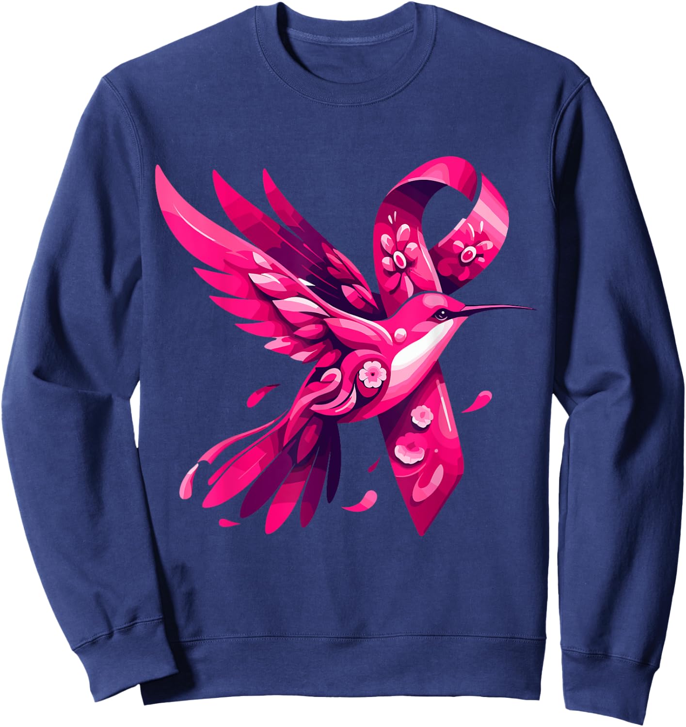 Hummingbird Flower Pink Ribbon Breast Cancer Awareness Sweatshirt - Sweatshirt | Navy