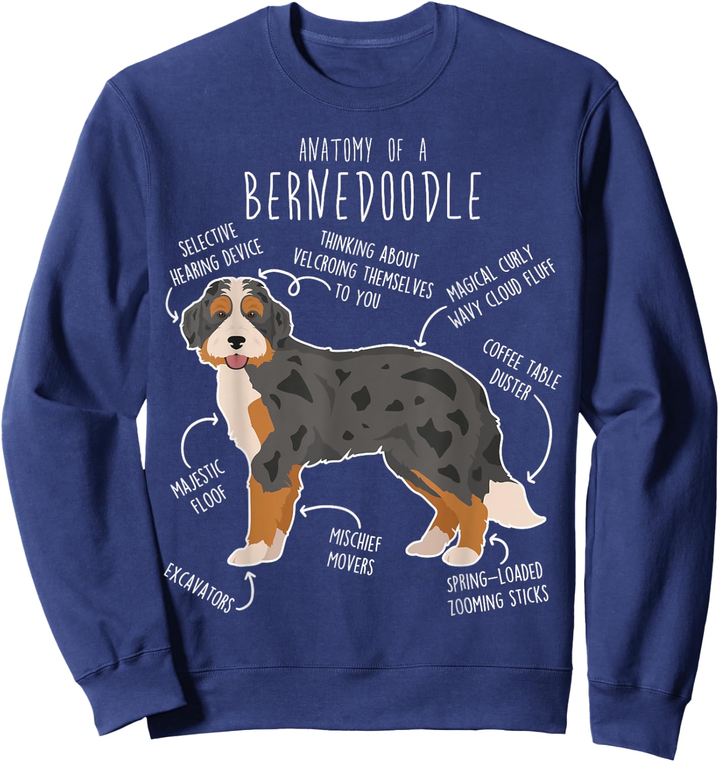 Bernedoodle Dog Anatomy, Black Merle Tri Cute Funny Pet Mom Women Girls Kids Sweatshirt - Sweatshirt | Navy