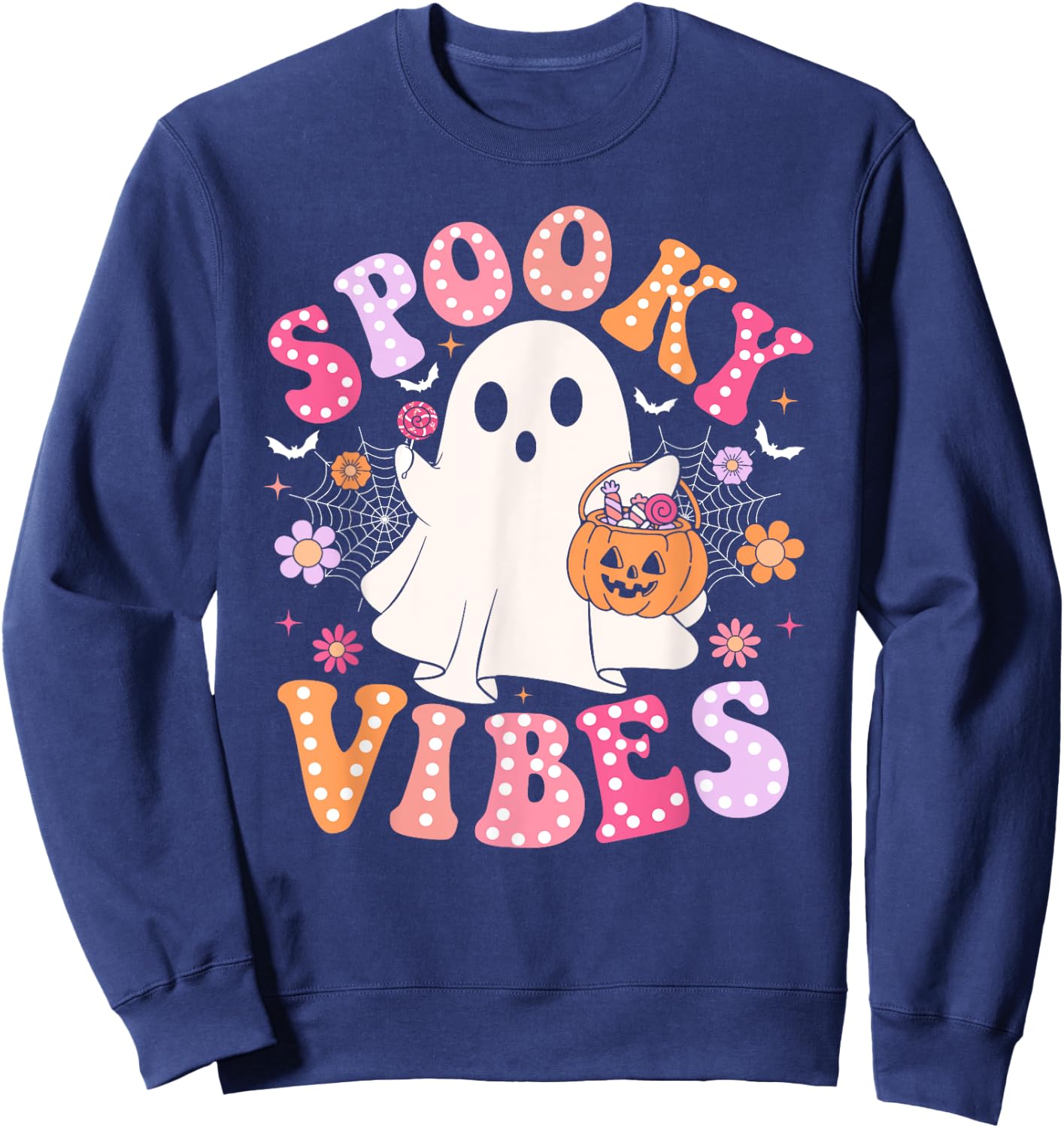 Spooky Vibes Ghost Retro Groovy Halloween Women Girls Kids Sweatshirt - Sweatshirt | Navy