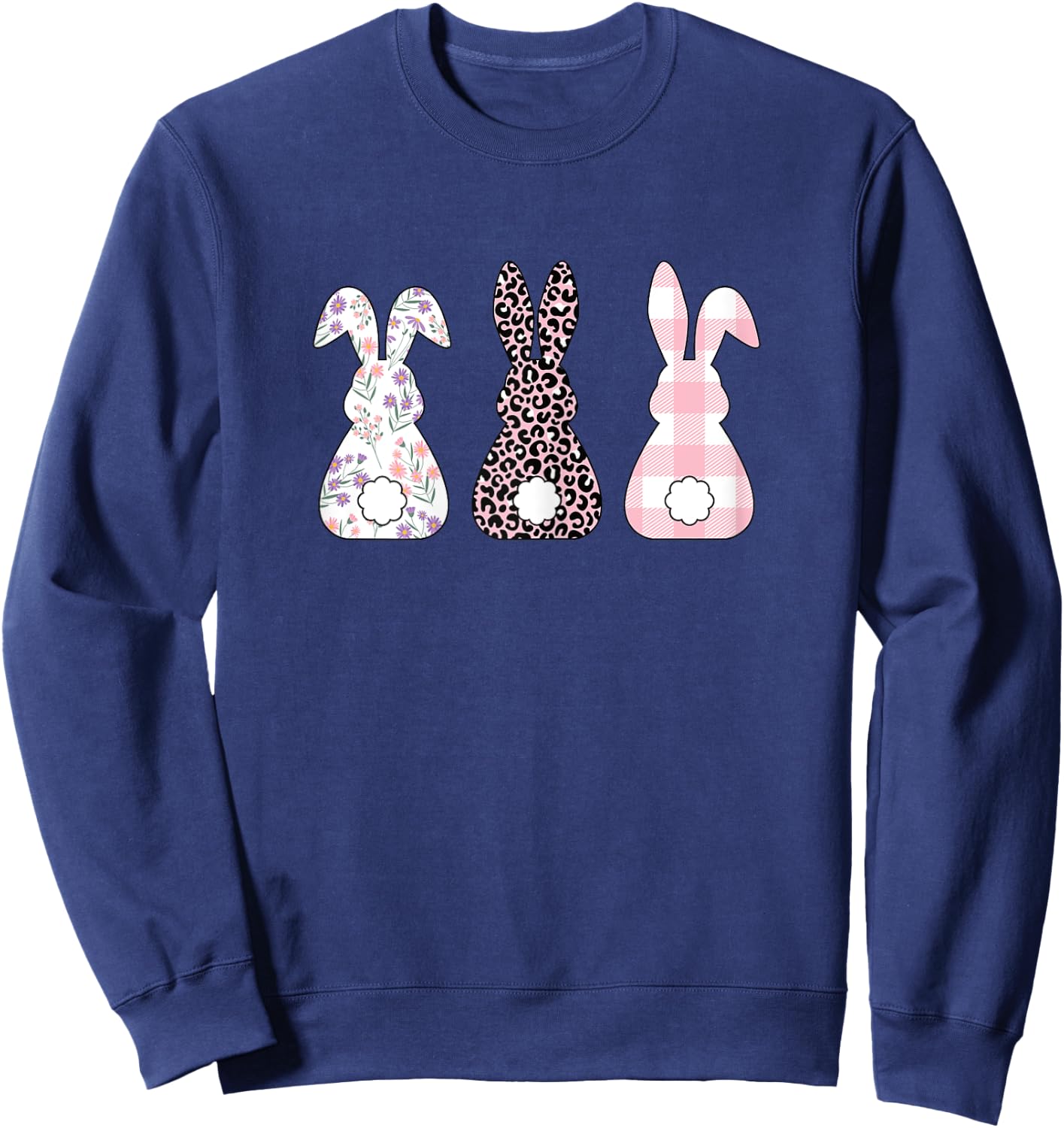 Cute Pink Leopard Plaid Flower Happy Easter Bunny Rabbit Sweatshirt - Sweatshirt | Navy