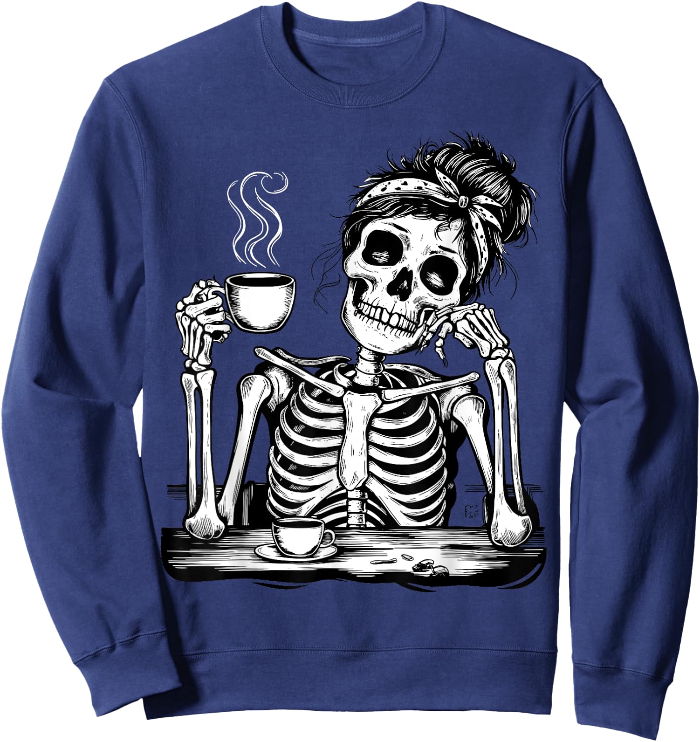 Messy Bun Drinking Coffee Skeleton Tired Mom Sweatshirt - Sweatshirt | Navy