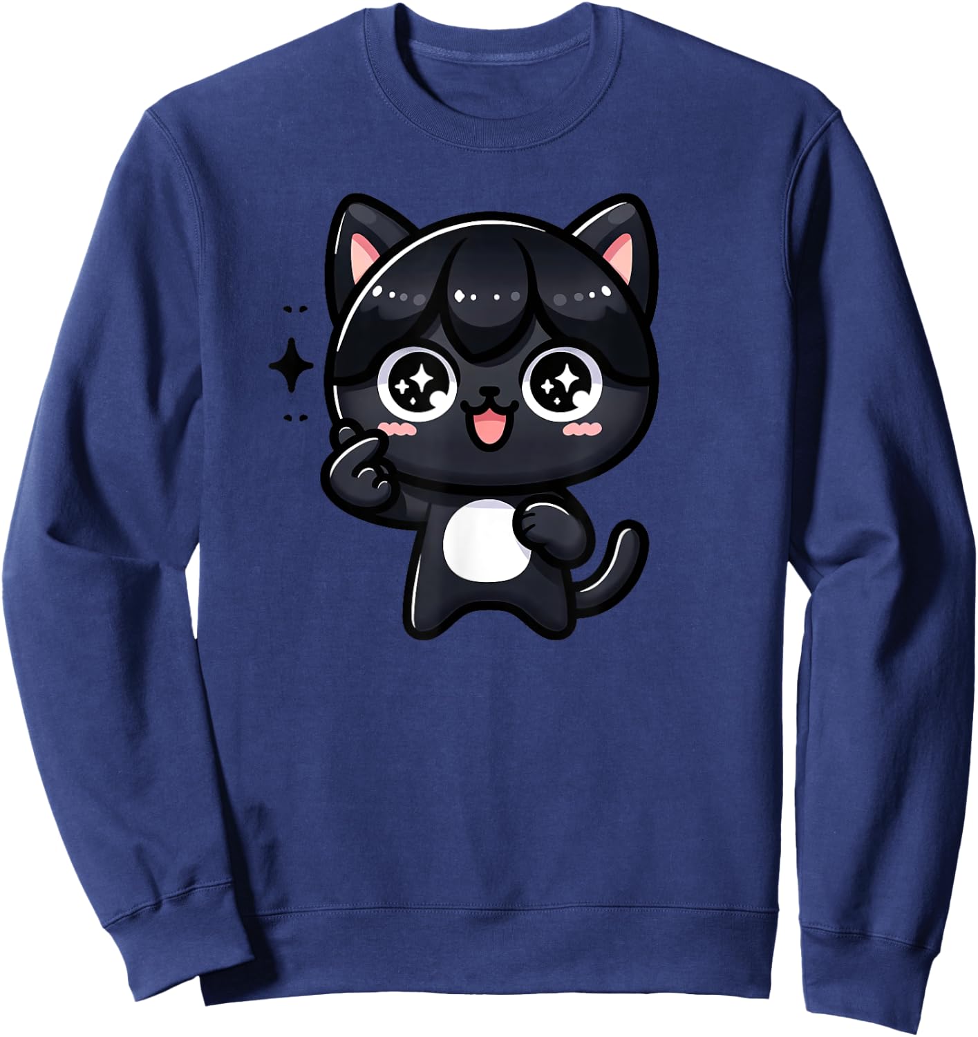 Funny Black Cat Cartoon Finger-heart K-pop Korean Men Women Sweatshirt - Sweatshirt | Navy
