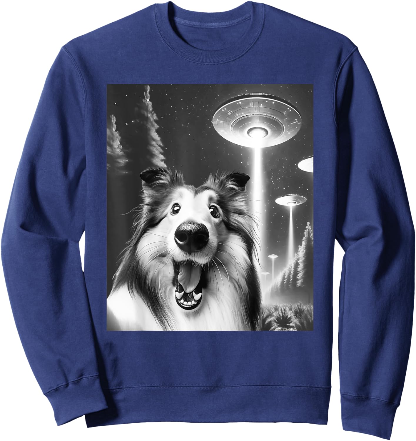 Funny Rough Collie Alien UFO Taking a Selfie Dog Mom Dad Women Kids Sweatshirt - Sweatshirt | Navy