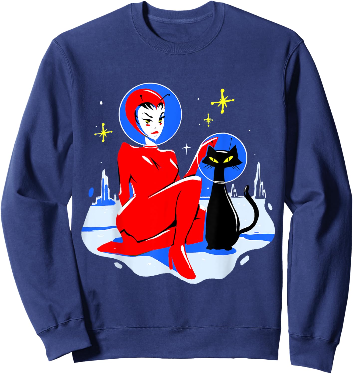 Mid Century Space Cat Retro Atomic Age Alien Pin Up Girl Sweatshirt - Sweatshirt | Navy