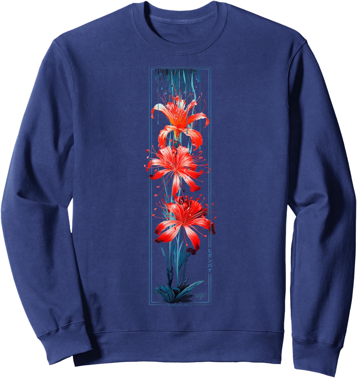 Red Spider Lily Flower in Japanese grunge Aesthetic Style Sweatshirt - Sweatshirt | Navy