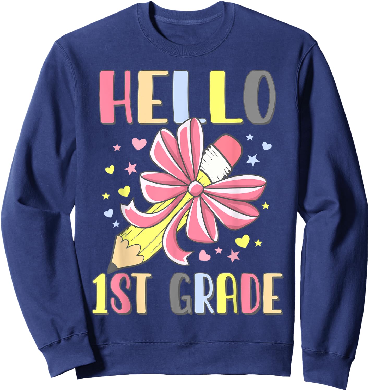 Hello First Grade Girl Coquette Bow Back To School 1st Grade Sweatshirt - Sweatshirt | Navy