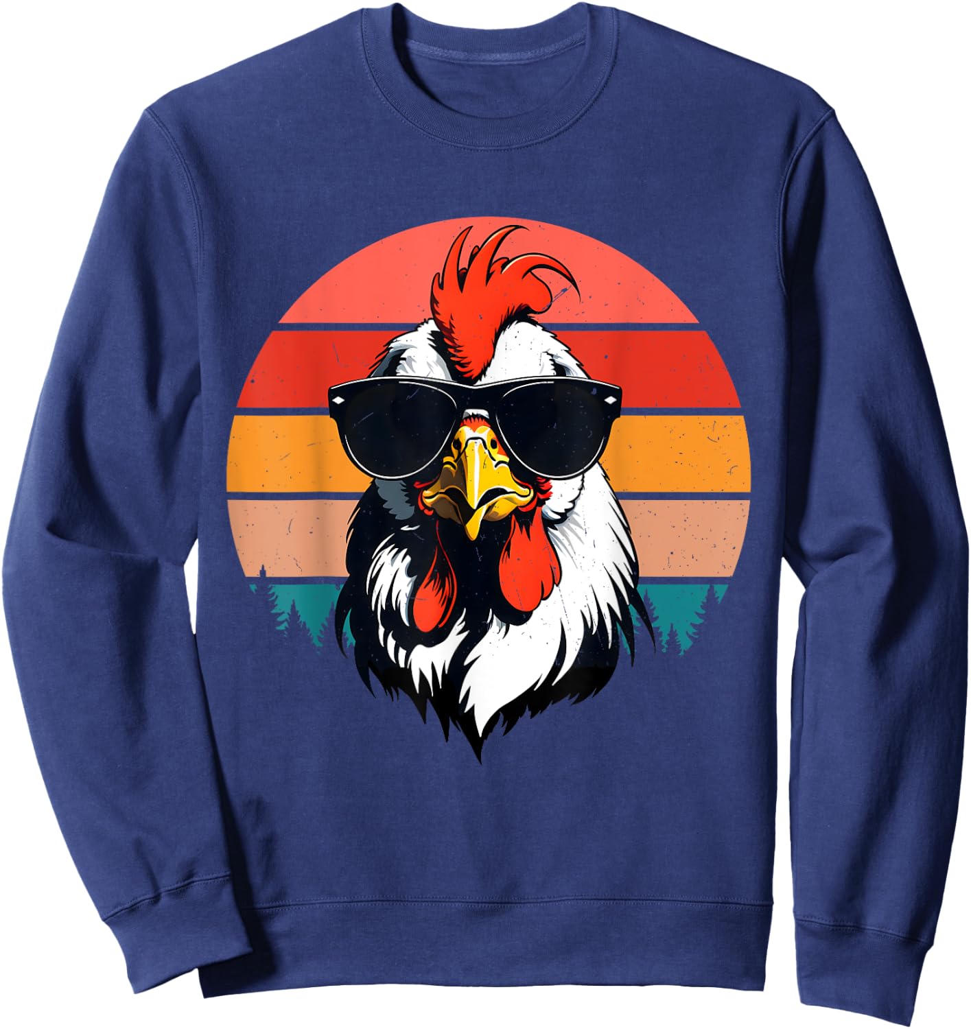 Funny Cool Sunset Retro 70s 80s 90s Chicken in Sunglasses Sweatshirt - Sweatshirt | Navy