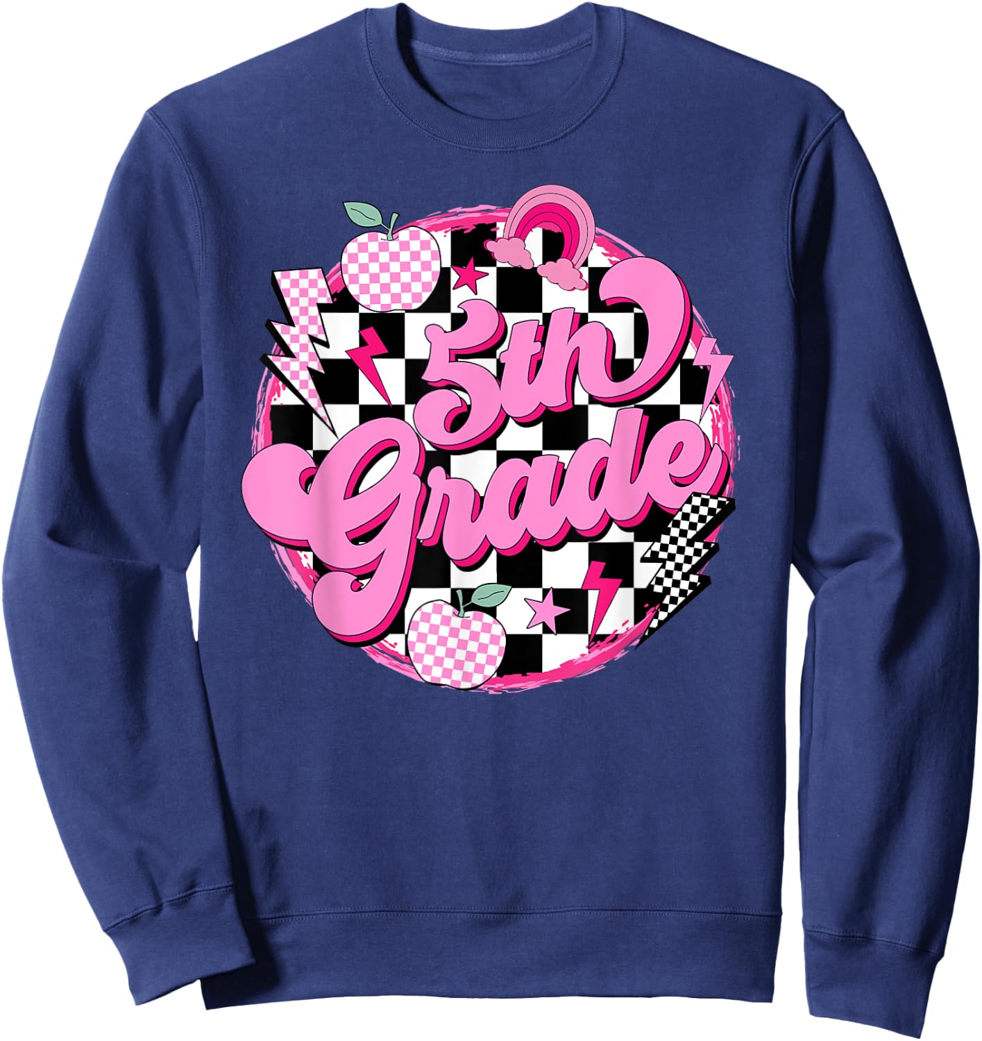 5th Grade Teacher Women Retro Checkered First Day of School Sweatshirt - Sweatshirt | Navy