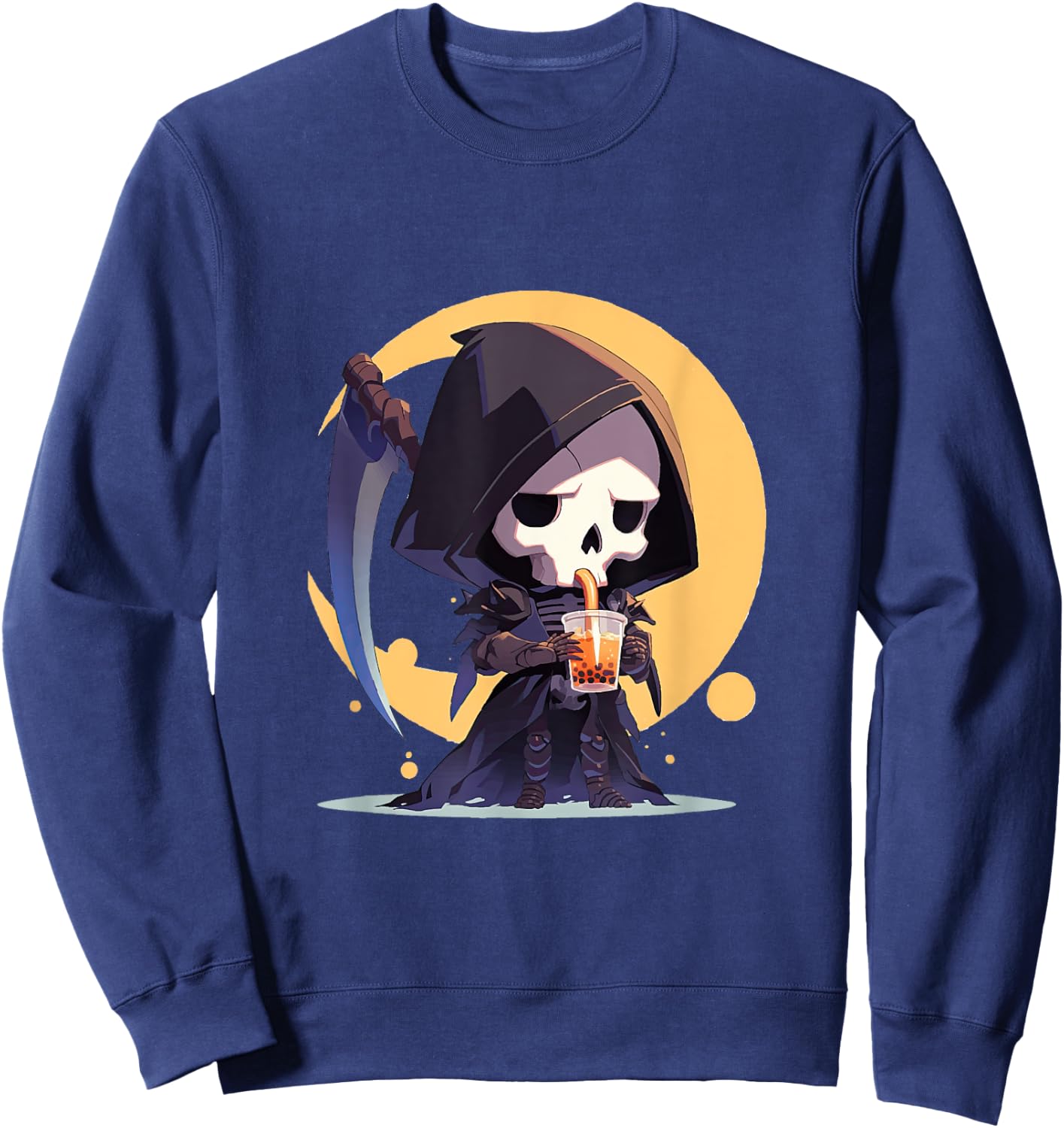 Cute Chibi Grim Reaper Drinking Boba Tea Sweatshirt - Sweatshirt | Navy
