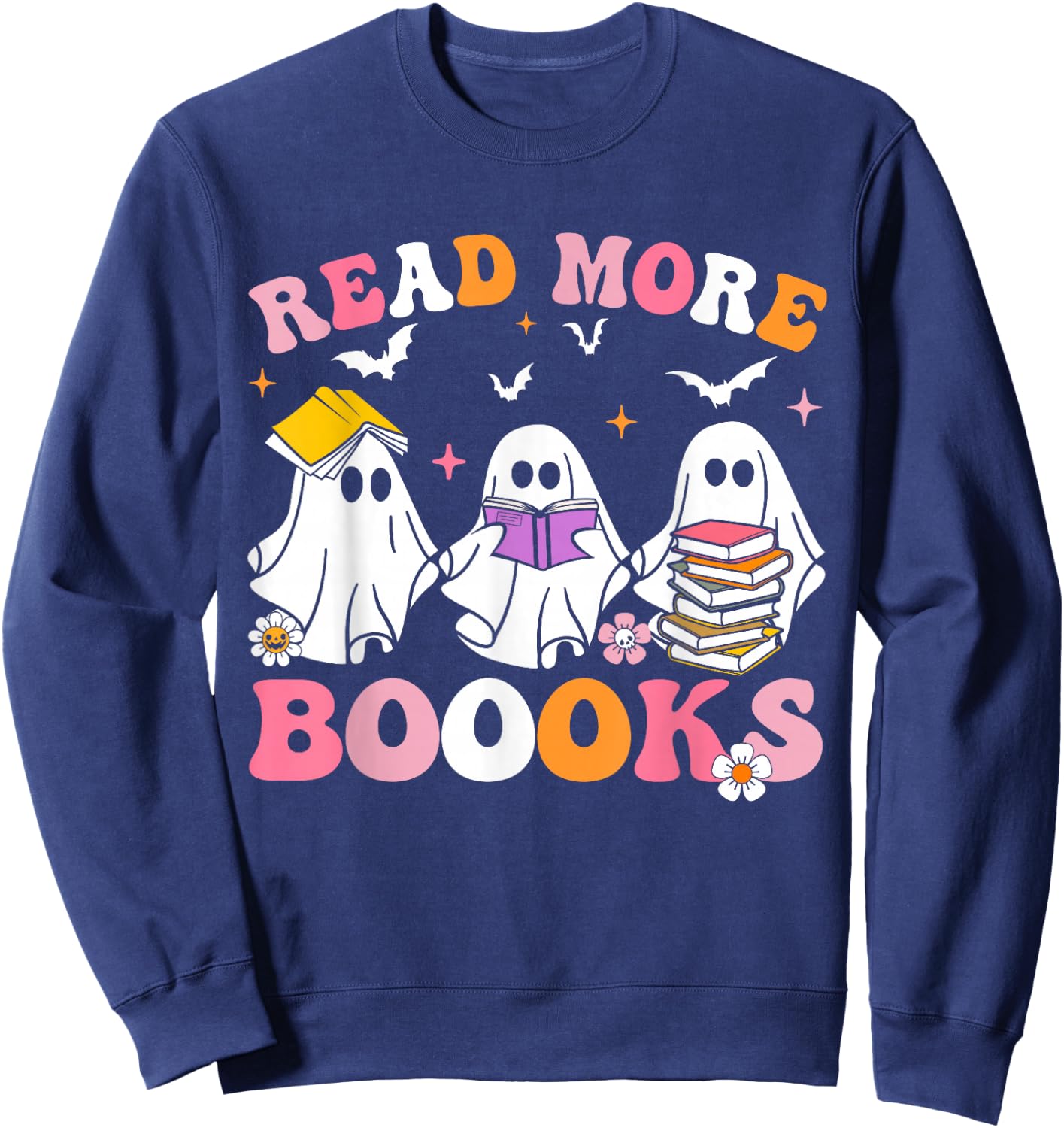 Groovy Cute Ghost Read More Books Funny Teacher Halloween Sweatshirt - Sweatshirt | Navy