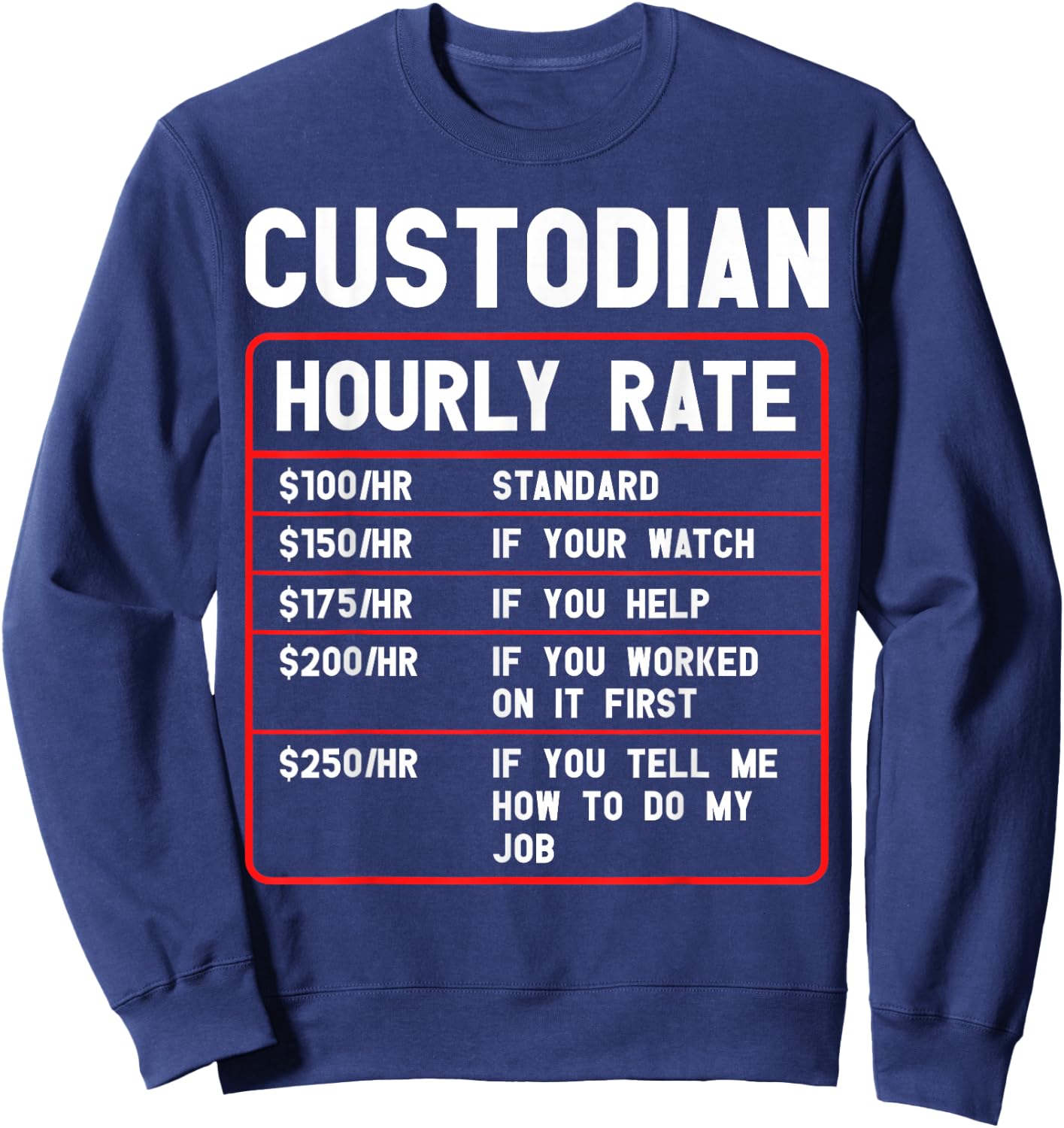 Custodian Janitor Day Hourly Rate Custodial School Custodian Sweatshirt - Sweatshirt | Navy