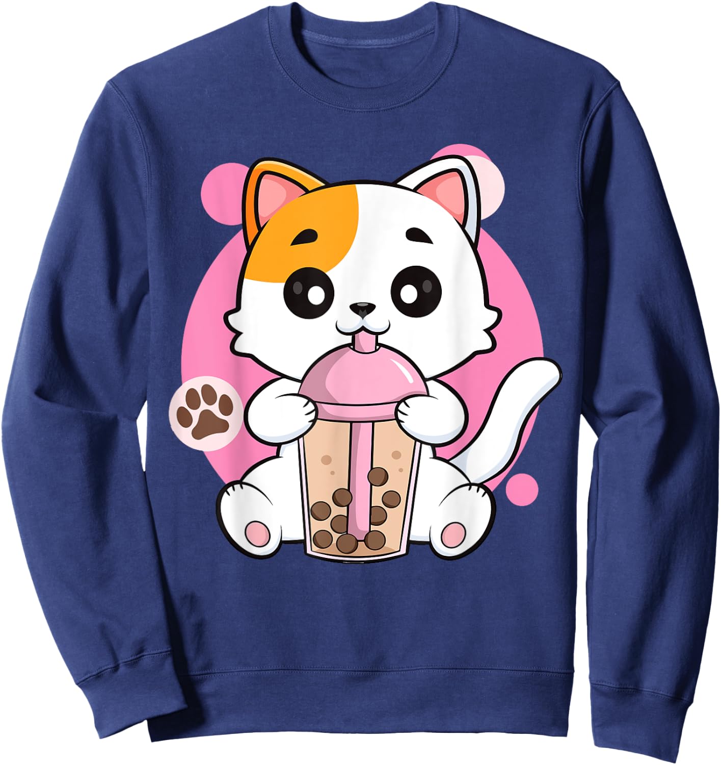 Cute Cat Shirt Boba Tea Anime Japanese Kids Teen Girl Kawaii Sweatshirt - Sweatshirt | Navy