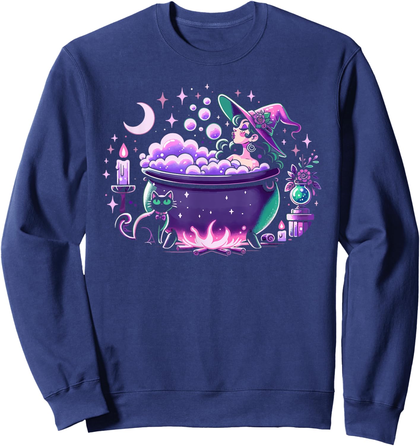 Witch Bubble Bath Cauldron Purple Pink Pastel Goth Cute Cat Sweatshirt - Sweatshirt | Navy