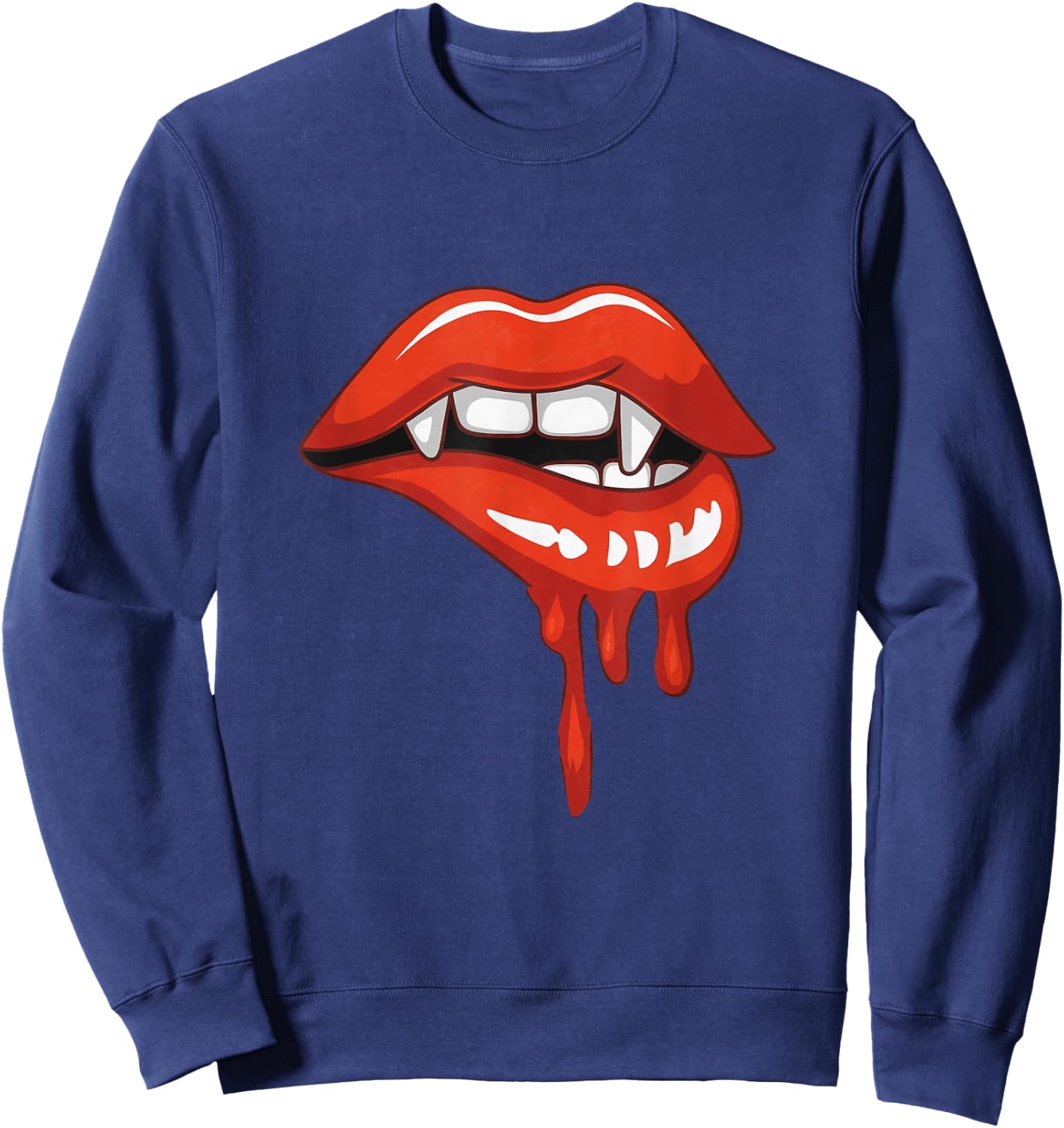 Red Lips Vampire Fangs Teeth Bite Dracula Halloween Sweatshirt - Sweatshirt | Navy