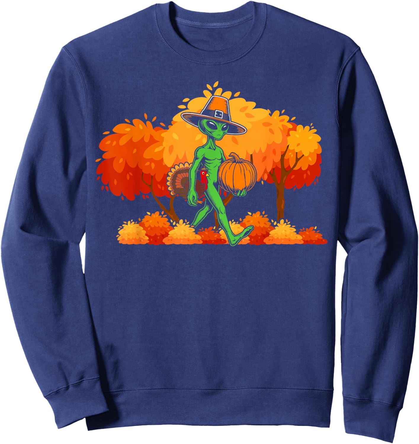 Alien thanksgiving Pilgrim Turkey Pumpkin autumn leaves fall Sweatshirt - Sweatshirt | Navy