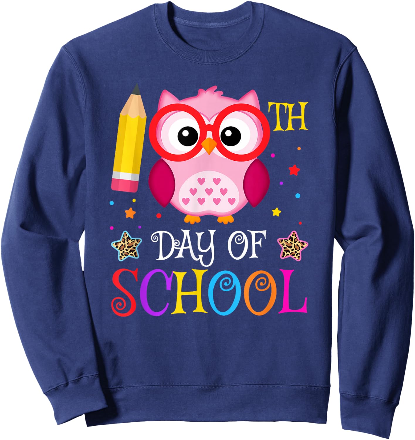 Cute 100th Day Of School Owl Lover Kids Girls Leopard Sweatshirt - Sweatshirt | Navy