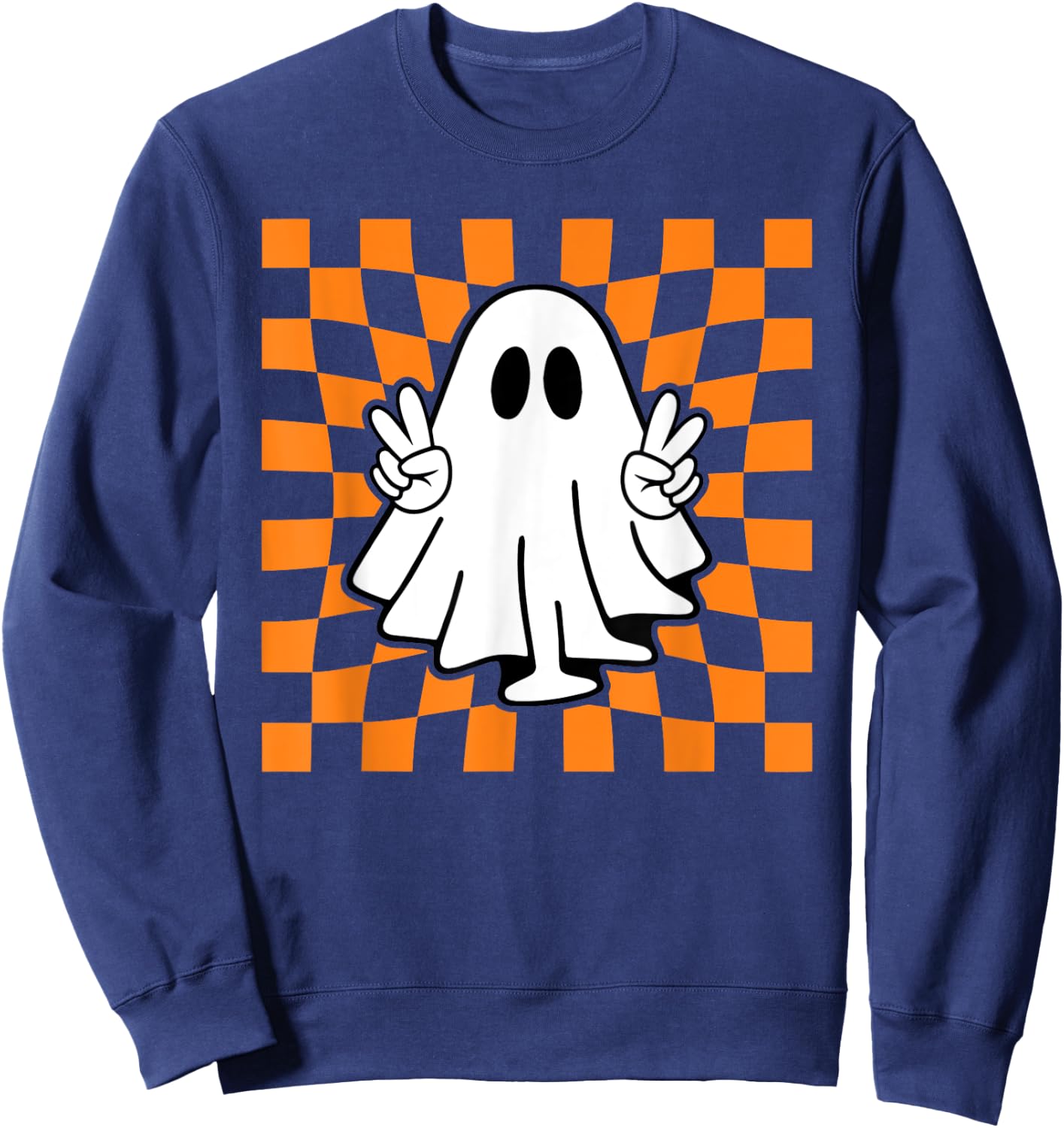 Peace Sign Halloween Ghost Boo Check Pattern Sweatshirt - Sweatshirt | Navy