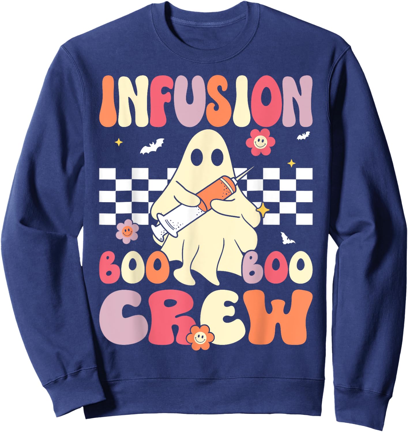 Infusion Nurse Boo Crew Groovy Retro Nurse Halloween Sweatshirt - Sweatshirt | Navy