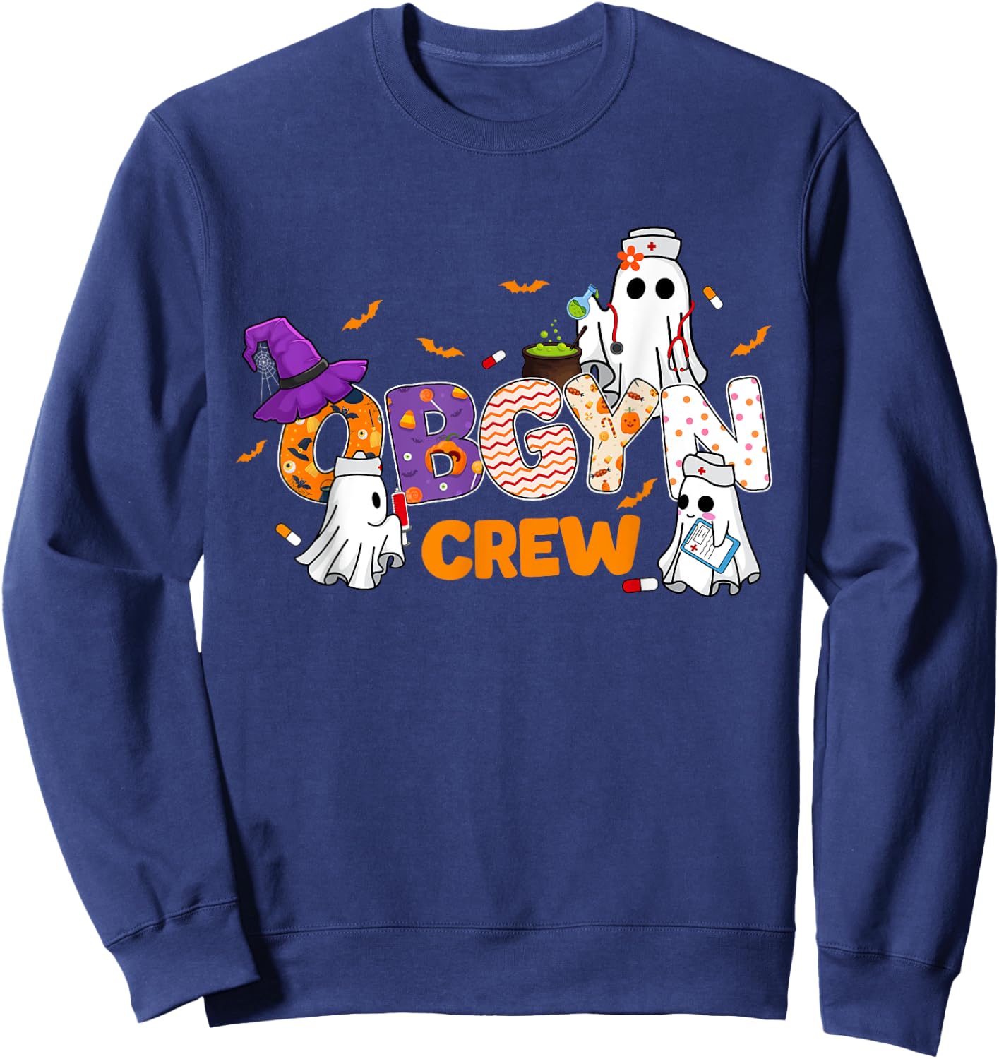 Halloween OBGYN Crew Cute Boo Ghost Nurse Nursing Scrub Sweatshirt - Sweatshirt | Navy