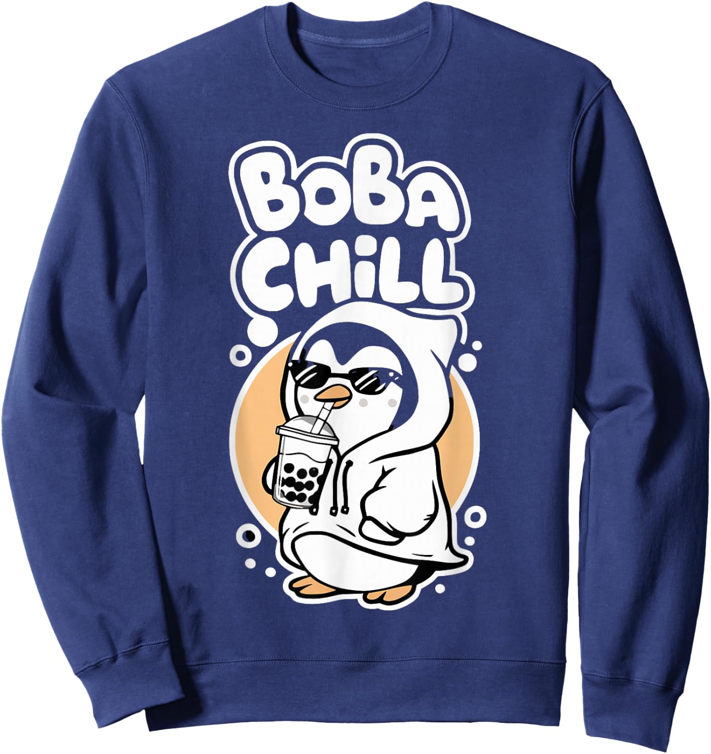 Boba Chill Kawaii Penguin Bubble Mike Tea Drink Cool Penguin Sweatshirt - Sweatshirt | Navy