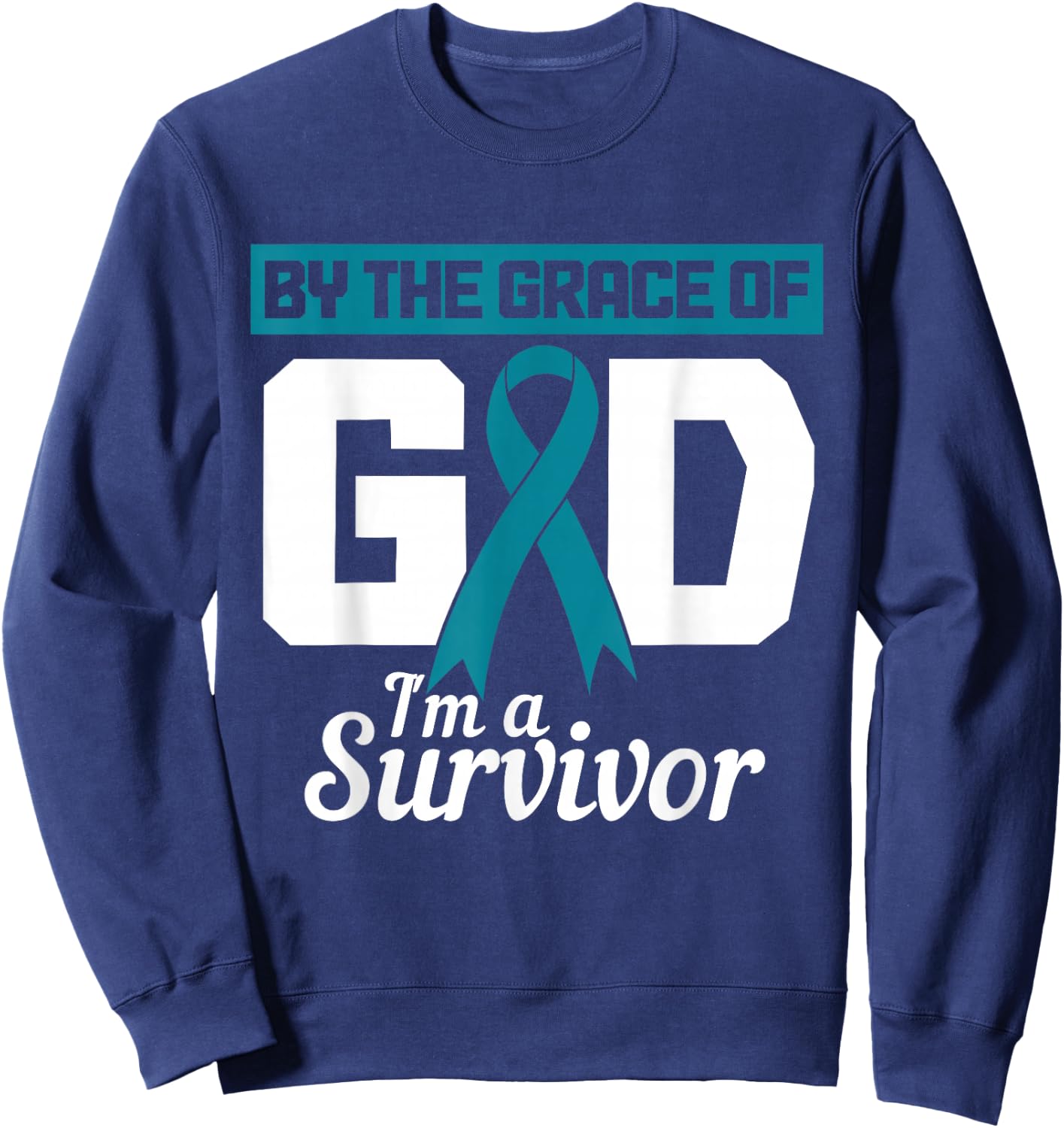 Ovarian Cancer Awareness Month Woman Teal Ribbon Survivor Sweatshirt - Sweatshirt | Navy