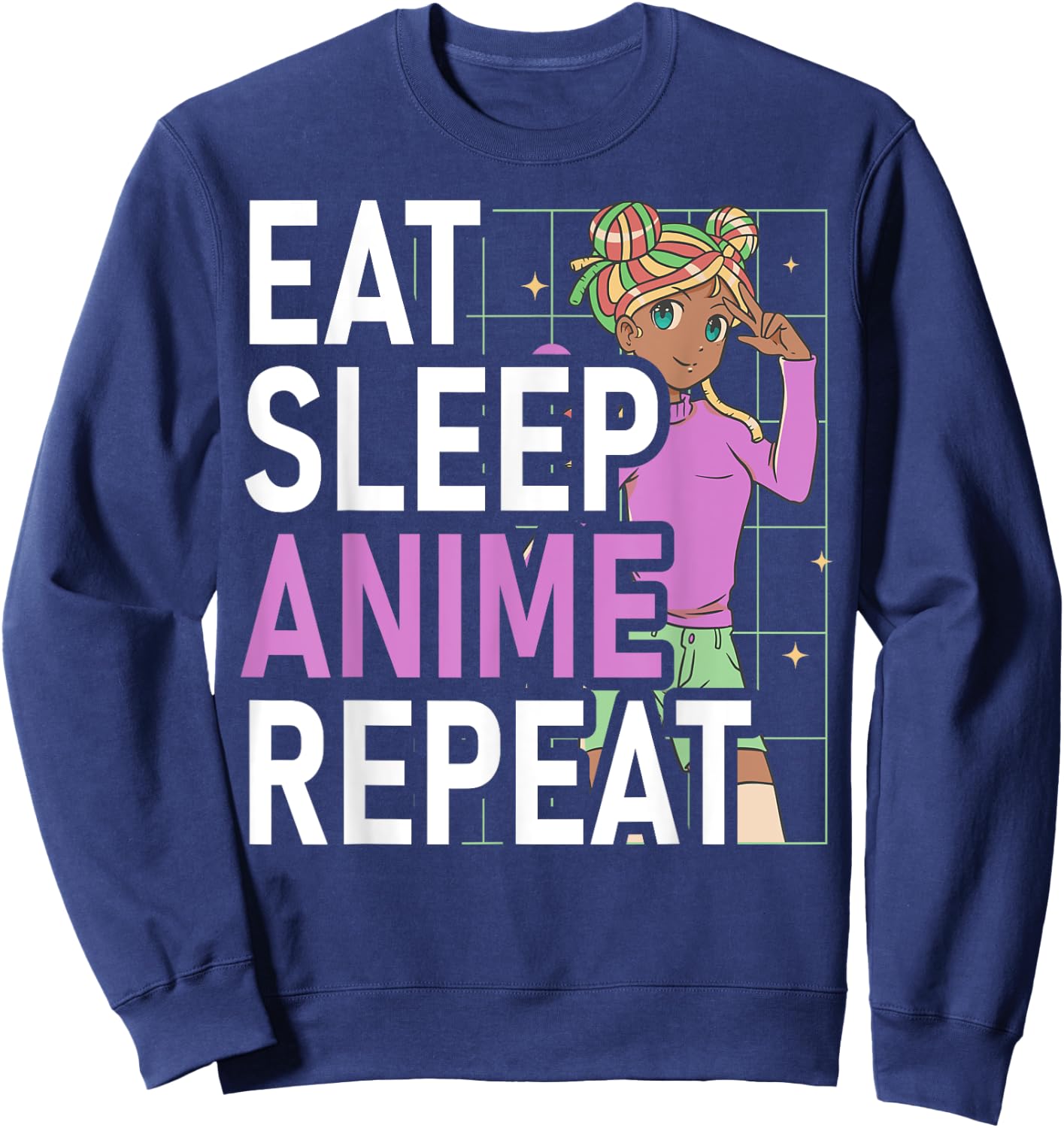 Eat Sleep Anime Repeat Anime Black Girl Afro Manga Otaku Sweatshirt - Sweatshirt | Navy