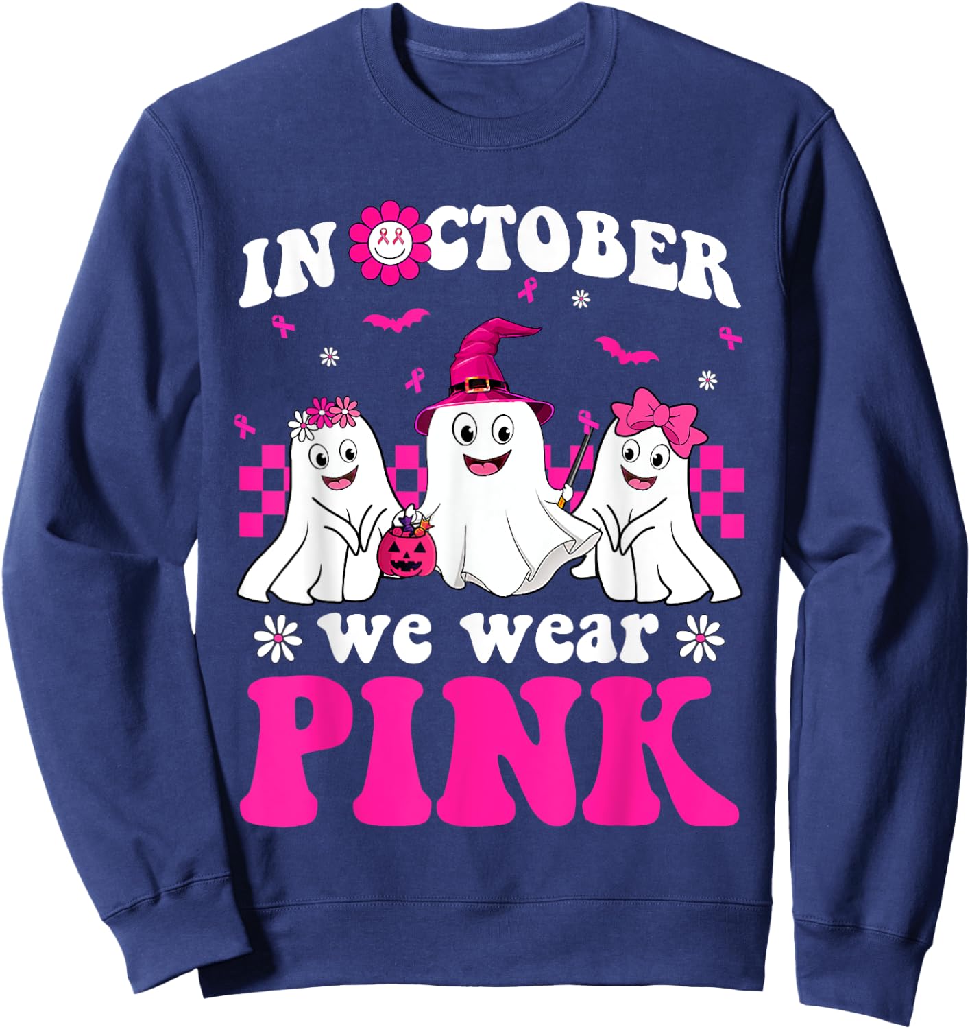 Wear Pink Groovy Ghost Halloween Breast Cancer Awareness Sweatshirt - Sweatshirt | Navy