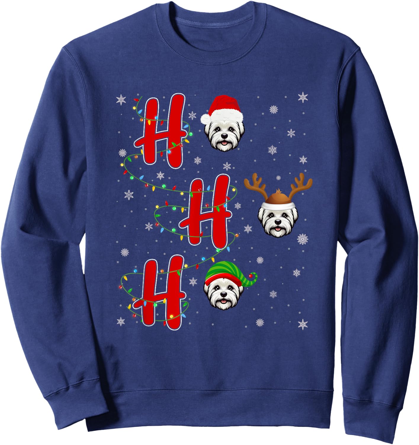 Xmas Lights HO HO HO Maltese Dog Funny Ugly Christmas Sweatshirt - Sweatshirt | Navy