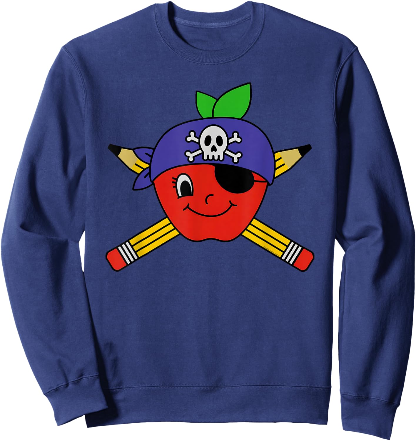 Teacher's Pirate Apple with Crossed Pencils Pirate Teacher Sweatshirt - Sweatshirt | Navy