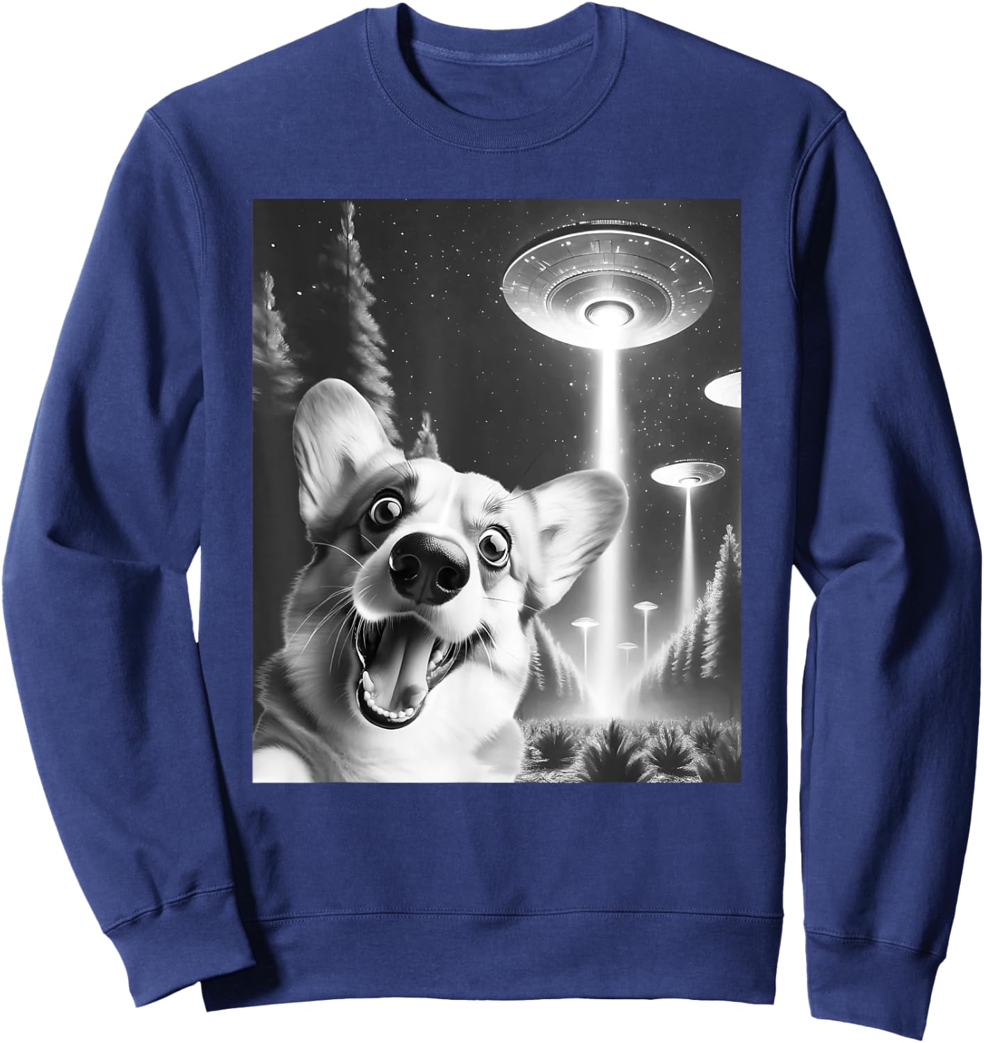 Funny Corgi Alien UFO Taking a Selfie Dog Mom Dad Sweatshirt - Sweatshirt | Navy