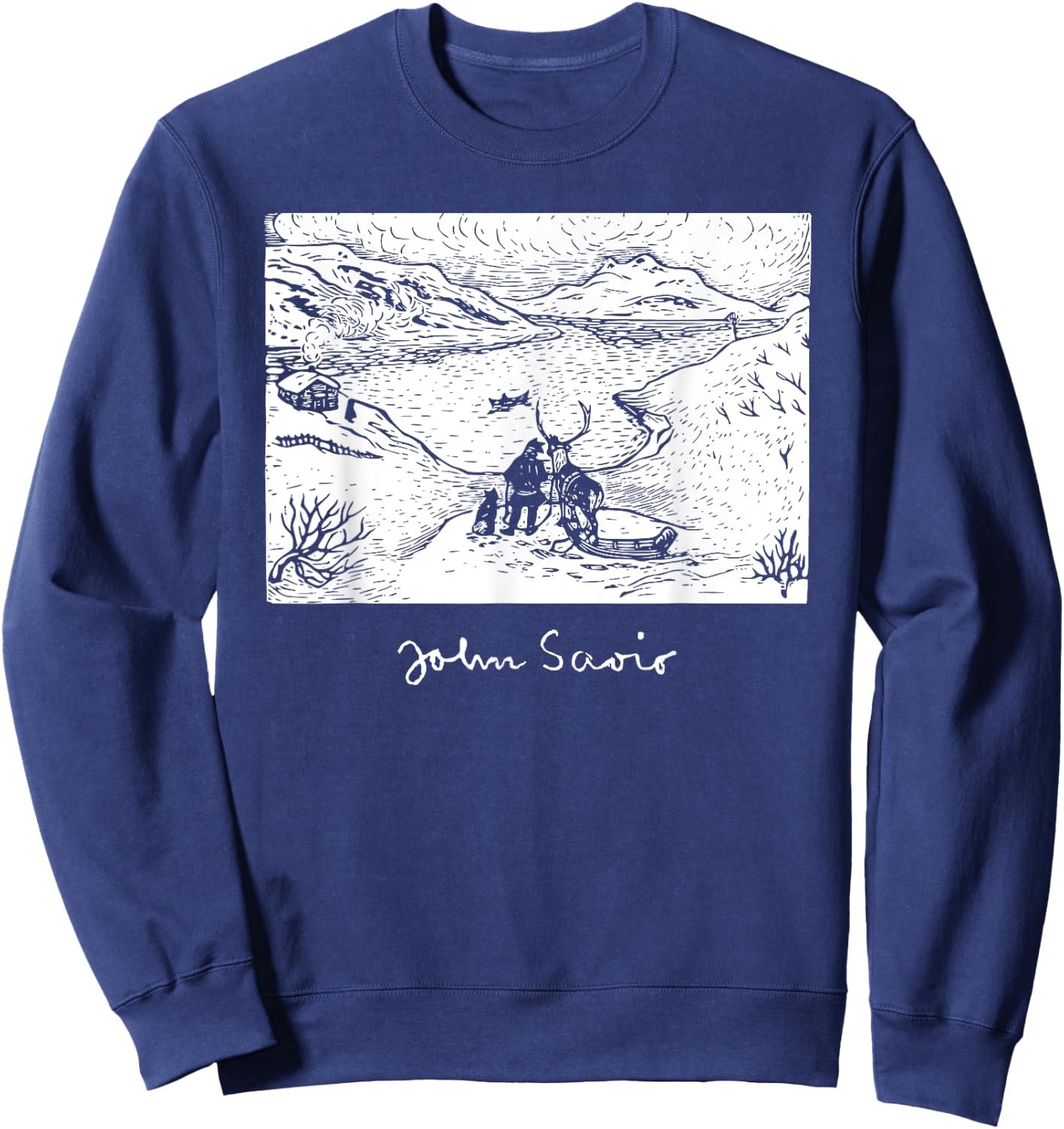 John Savio Sami Art Lapland Lapp with Reindeer at Bay Snow Sweatshirt - Sweatshirt | Navy