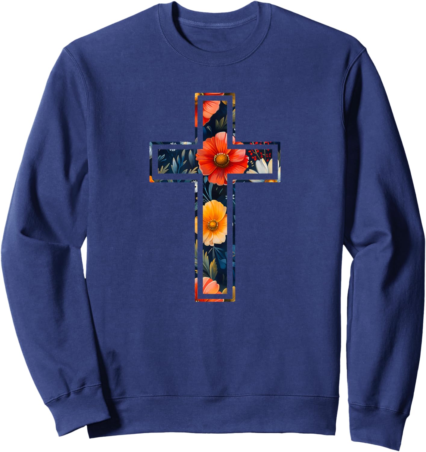 Elegant Silhouette Flowers Faith Floral Christian Cross Sweatshirt - Sweatshirt | Navy
