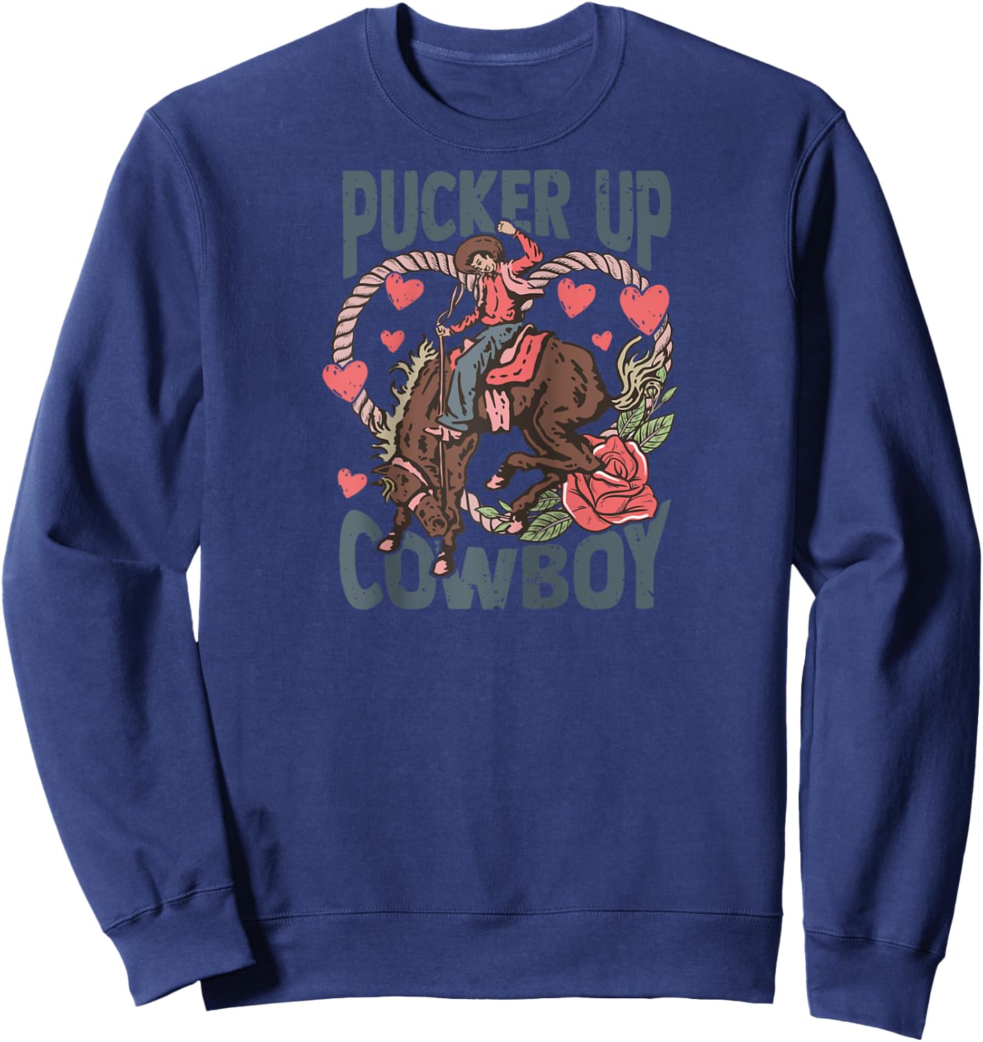 Pucker Up Cowboy Retro Groovy Howdy Valentines Cowboy Hat Raglan Baseball Sweatshirt - Sweatshirt | Navy