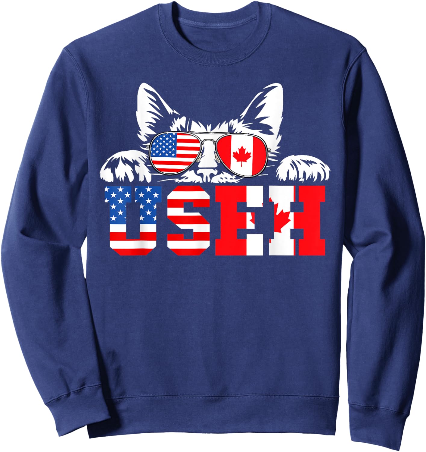Funny Cat Lover Maple Leaf Canadian & USA Flag Canada Day Sweatshirt - Sweatshirt | Navy