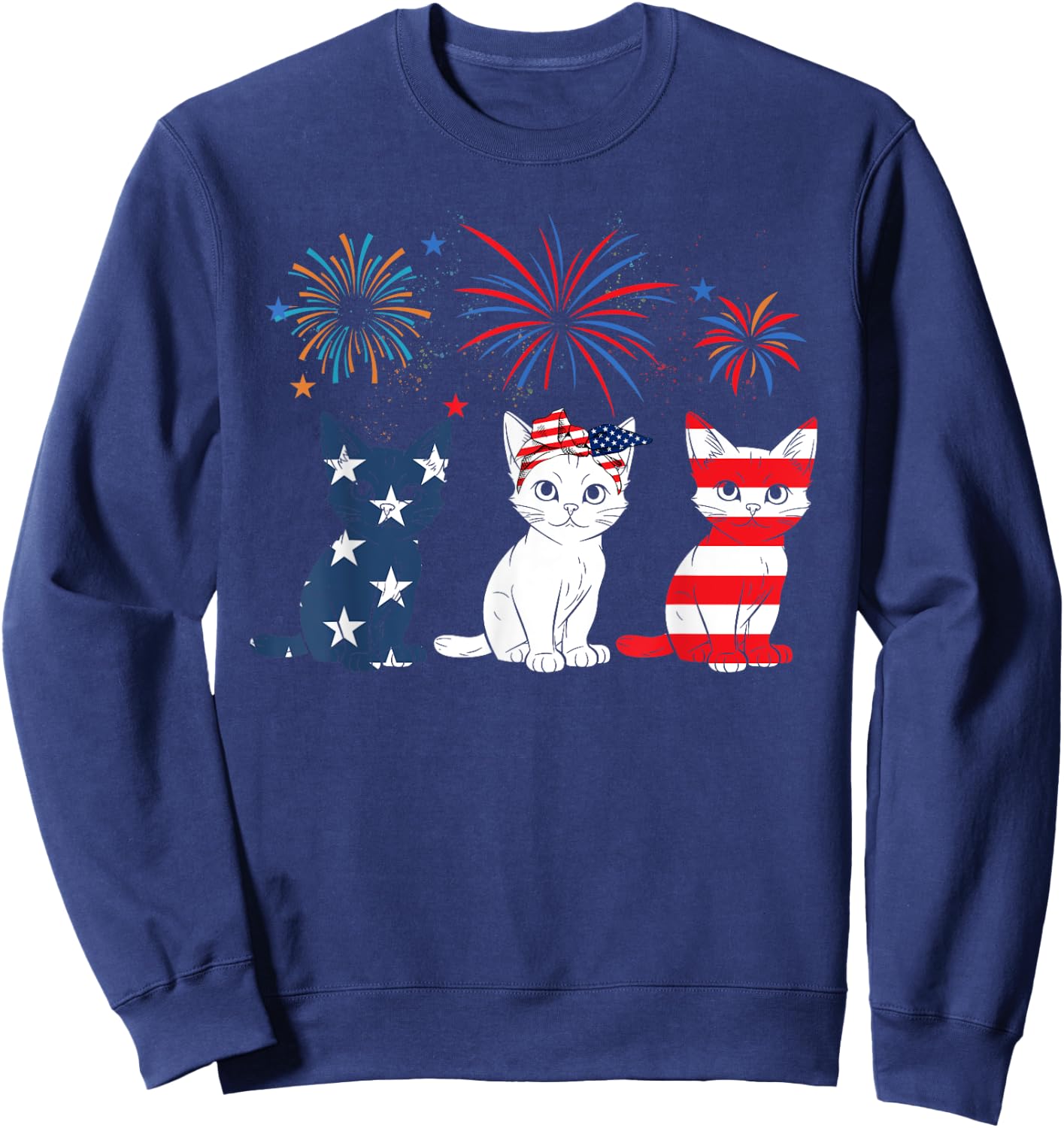 Red White Blue Cat USA Flag Firework 4th Of July Sweatshirt - Sweatshirt | Navy