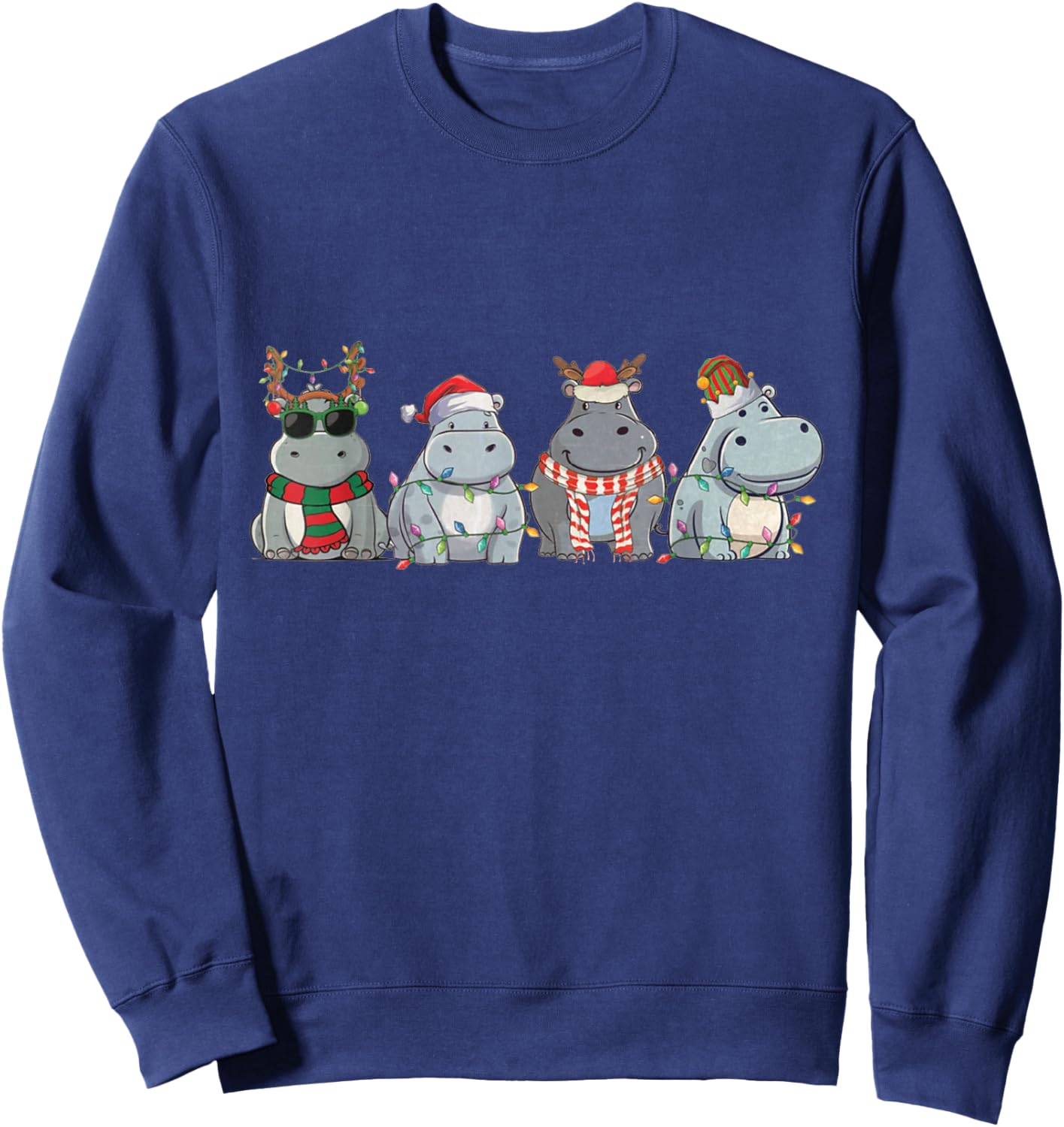 Hippopotamuses Christmas Lights Cute Hippo Christmas Sweatshirt - Sweatshirt | Navy