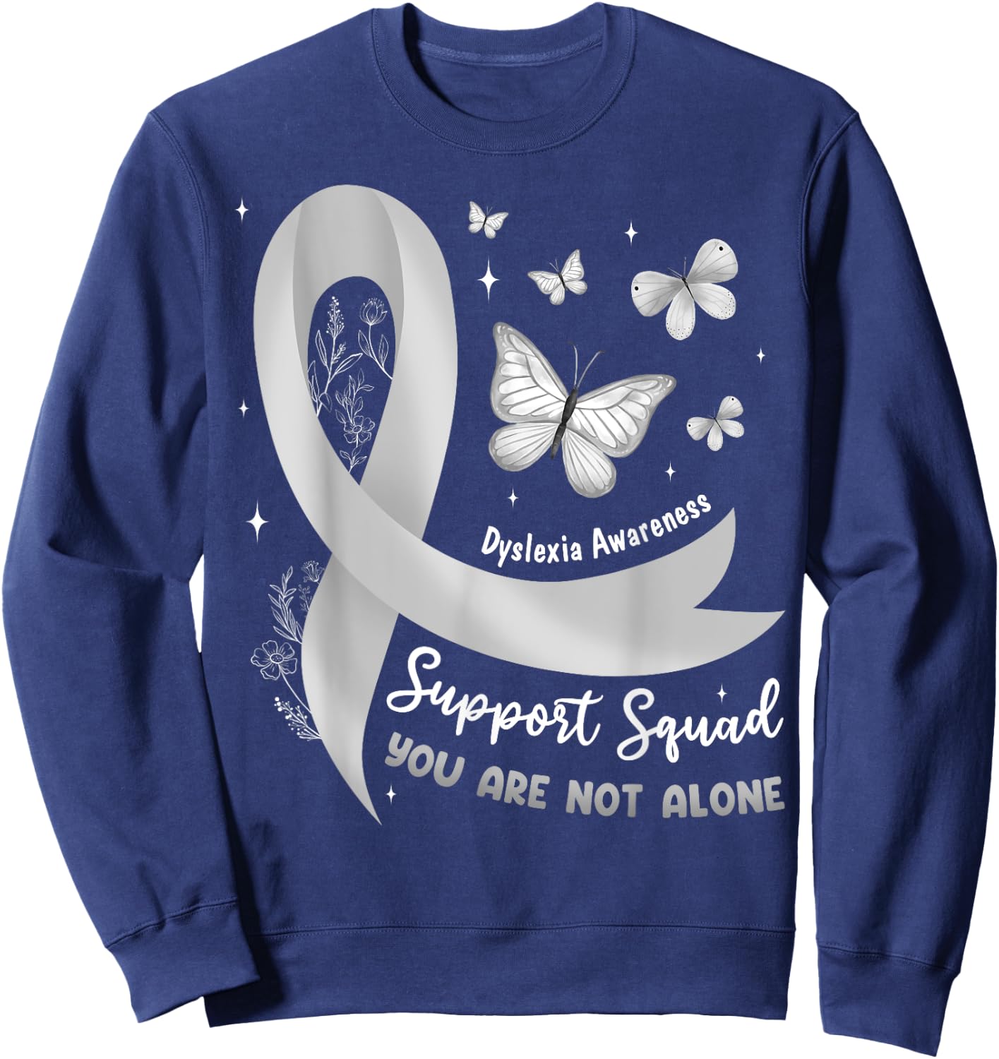 Support Squad Dyslexia Awareness Silver Ribbon Butterfly Sweatshirt - Sweatshirt | Navy