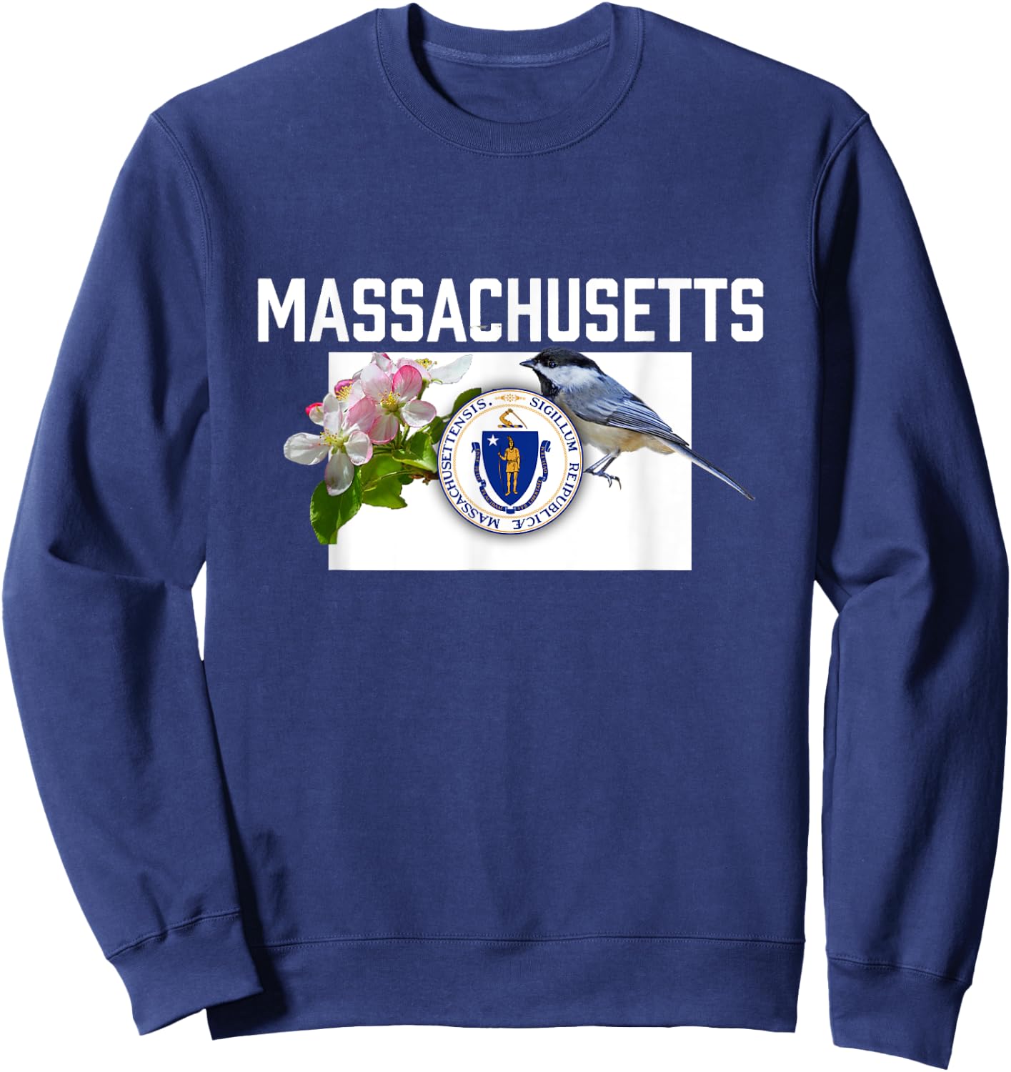 Massachusetts US State Flag With State Bird & Flower Sweatshirt - Sweatshirt | Navy
