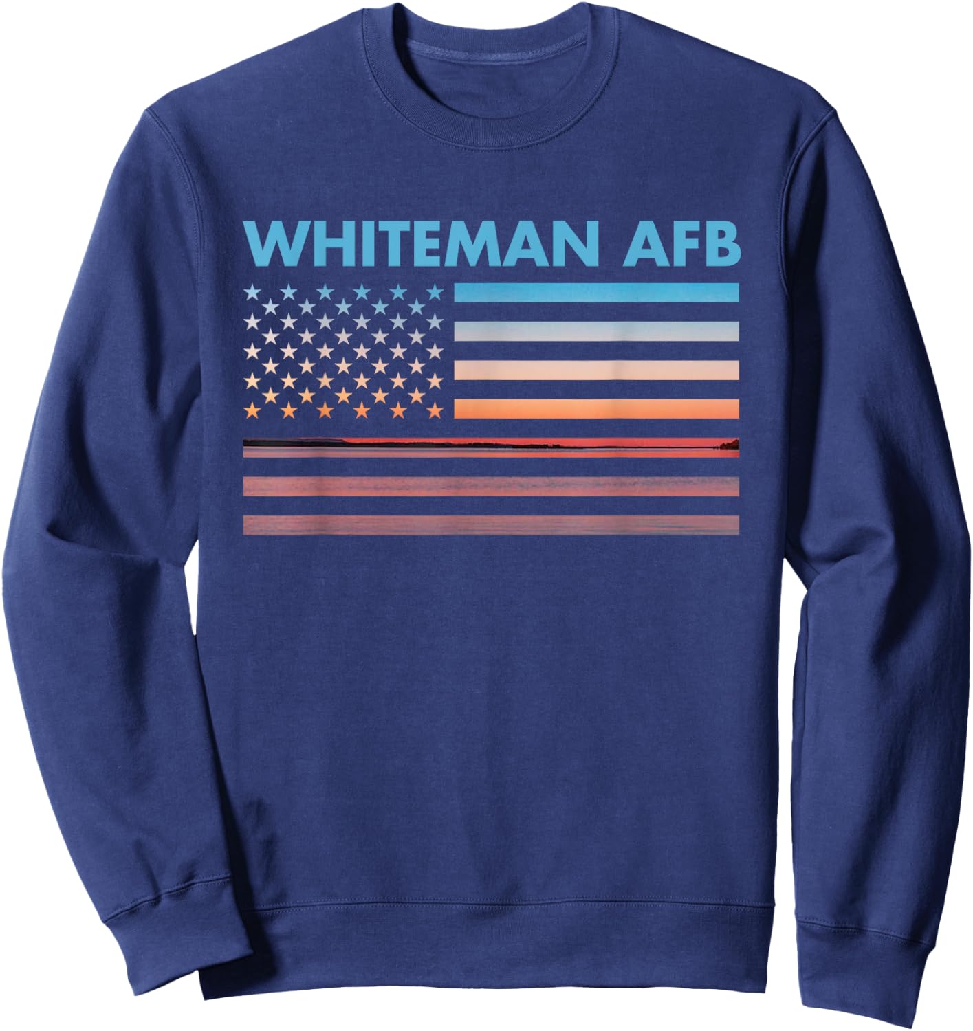 Vintage Sunset American Flag Whiteman AFB, Missouri Sweatshirt - Sweatshirt | Navy