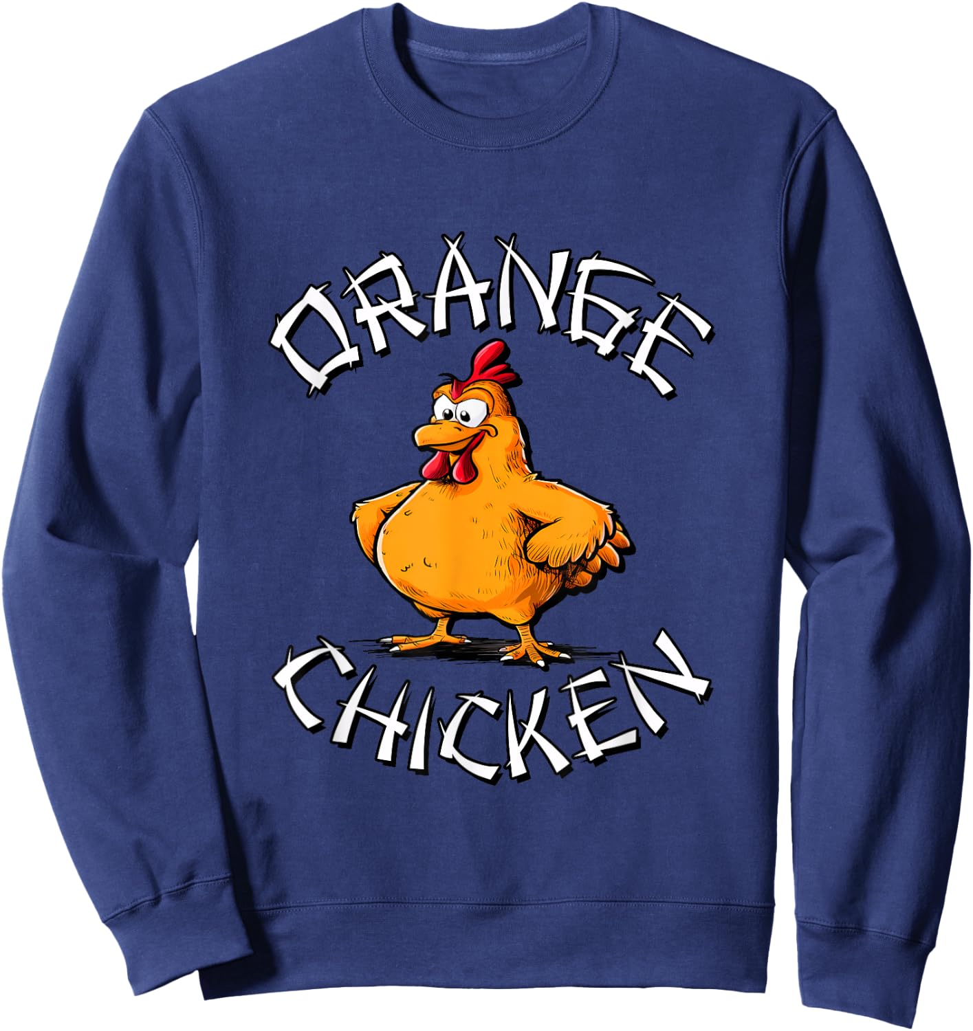 Redds Threads Orange Chicken -Adults Black Small Short Sleeve Classic Fit 100% Polyester Fun Cartoon Mandarin Collar Modern Unique Graphic Design Sweatshirt - Sweatshirt | Navy