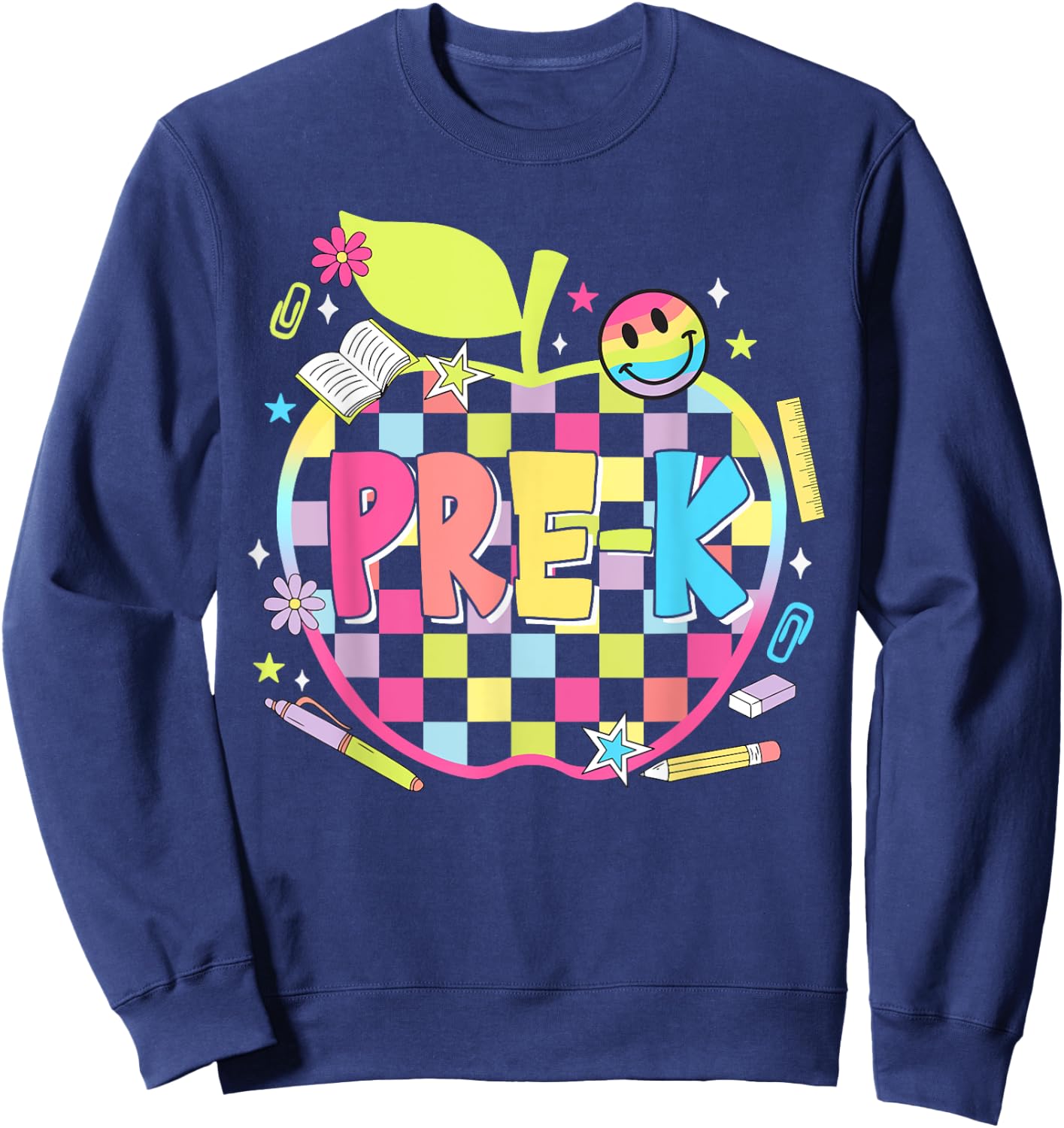 Pre-K Teachers Apples Retro Smile Face Back To School Sweatshirt - Sweatshirt | Navy