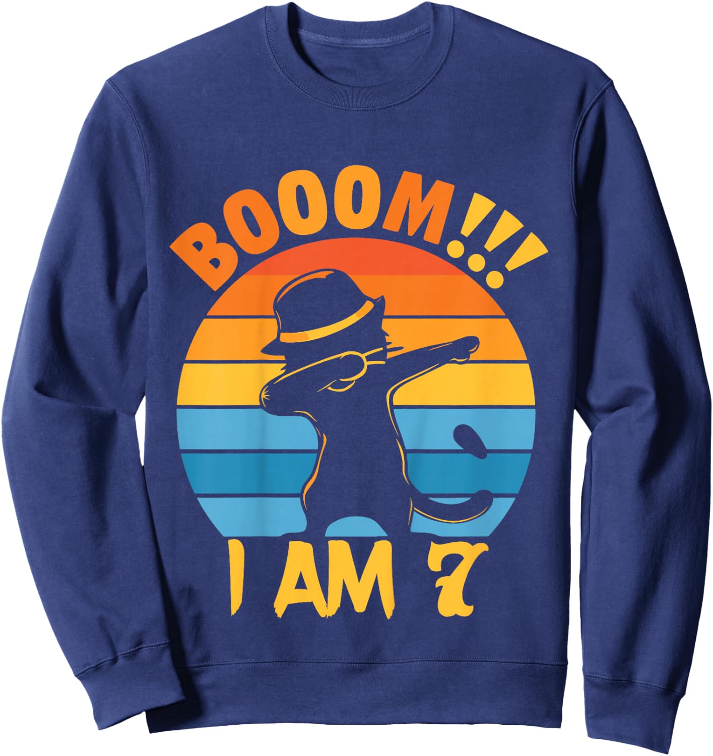 Kids 7th Birthday Cat Dabbing 7 Year Old Birthday Boy Girl Sweatshirt - Sweatshirt | Navy