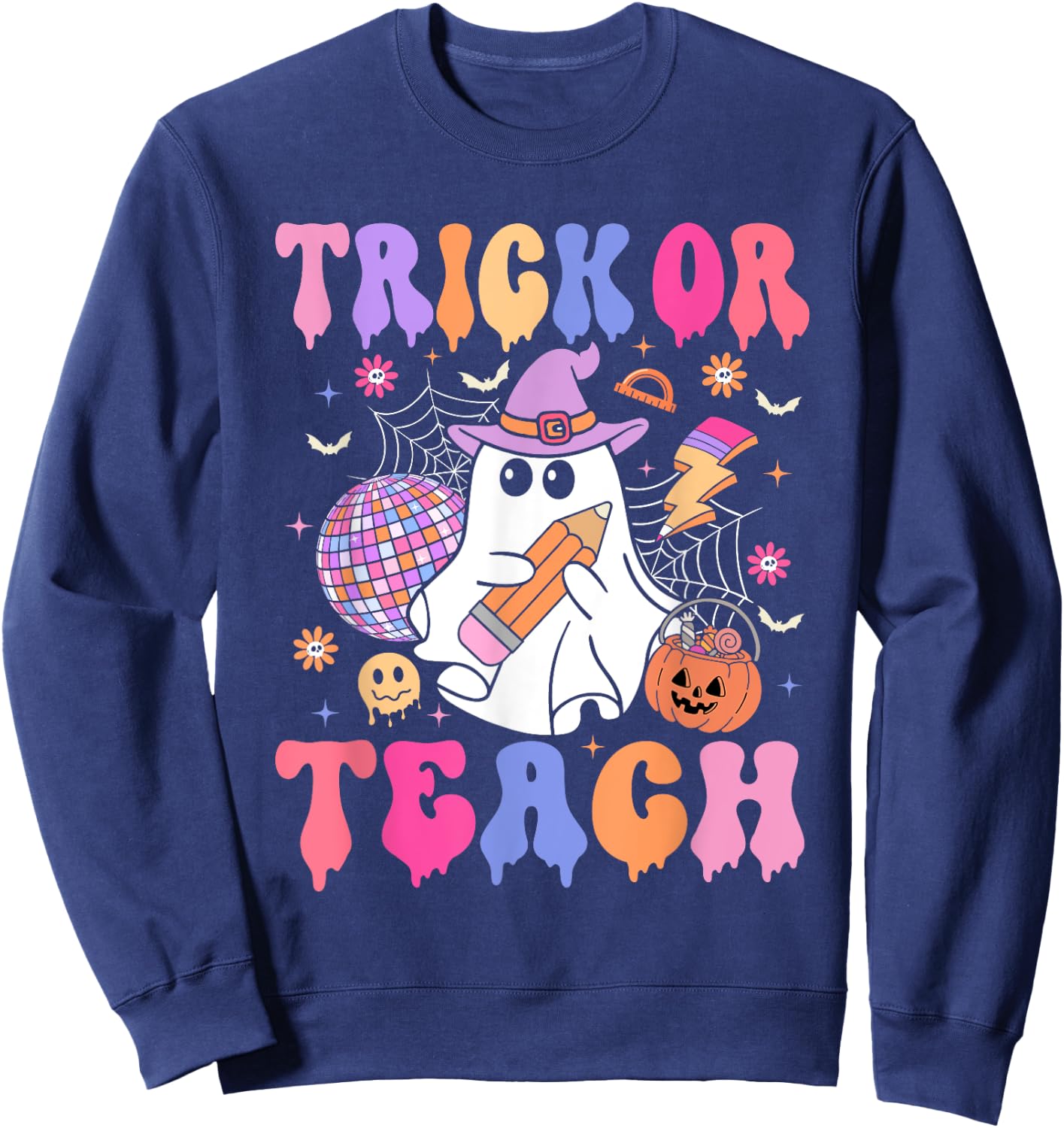 Trick Or Teach Groovy Halloween Floral Ghost Teacher Sweatshirt - Sweatshirt | Navy