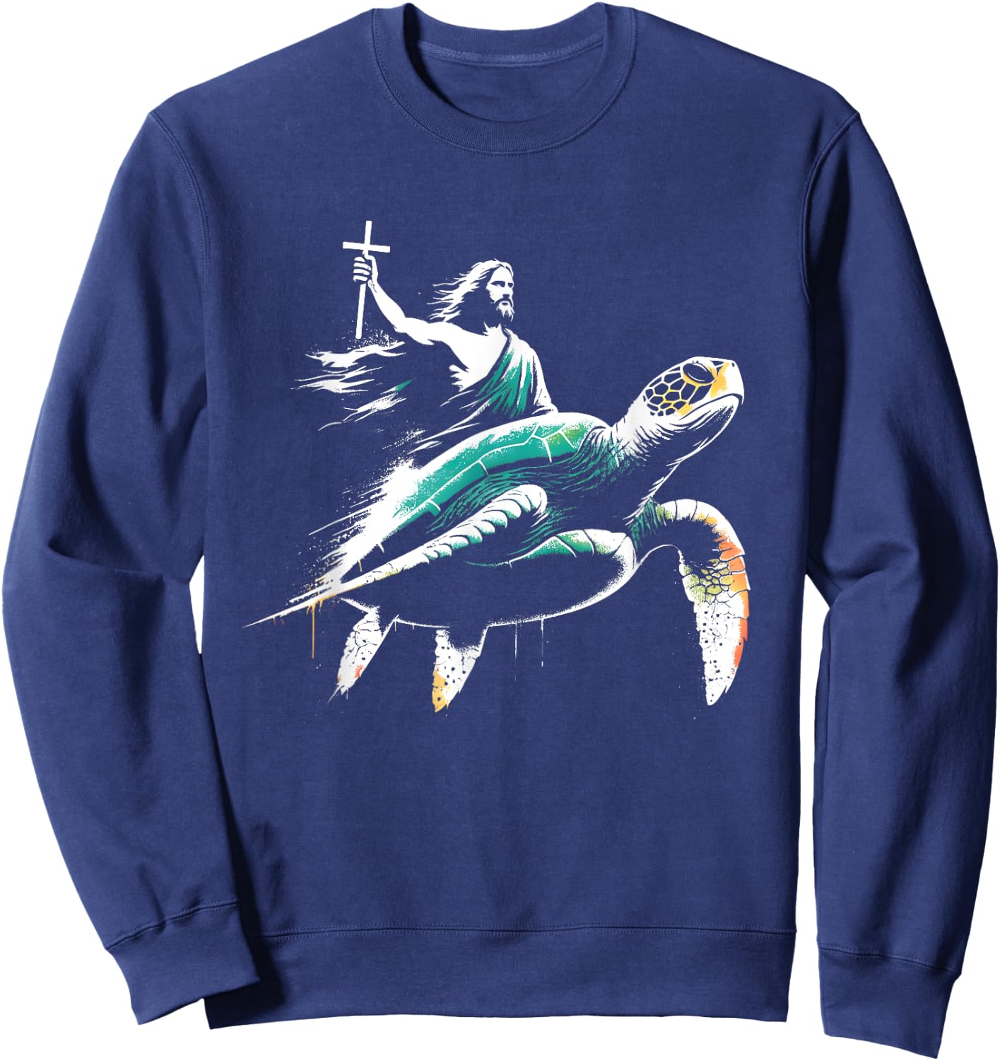 Jesus Riding Sea Turtle - Funny Christian Turtle Lover Sweatshirt - Sweatshirt | Navy