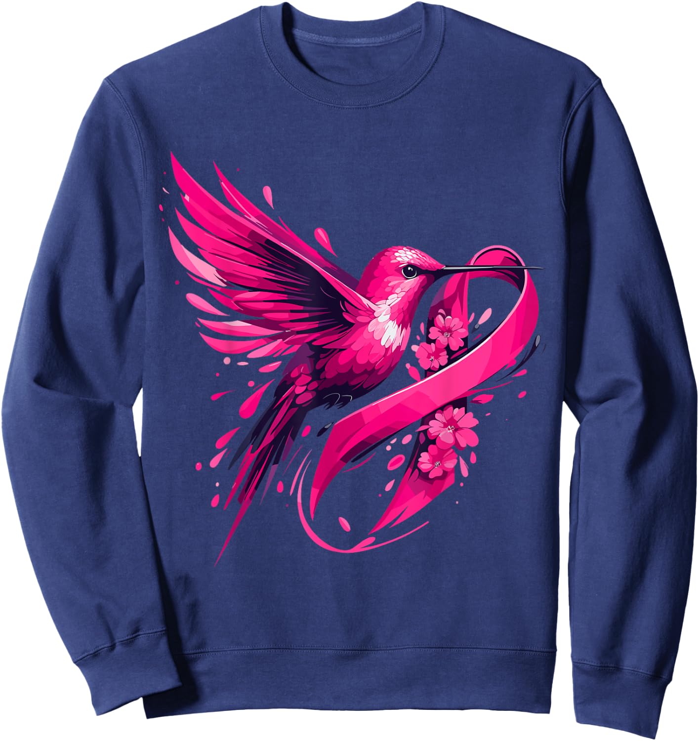 Hummingbird Flower Pink Ribbon Breast Cancer Awareness Sweatshirt - Sweatshirt | Navy