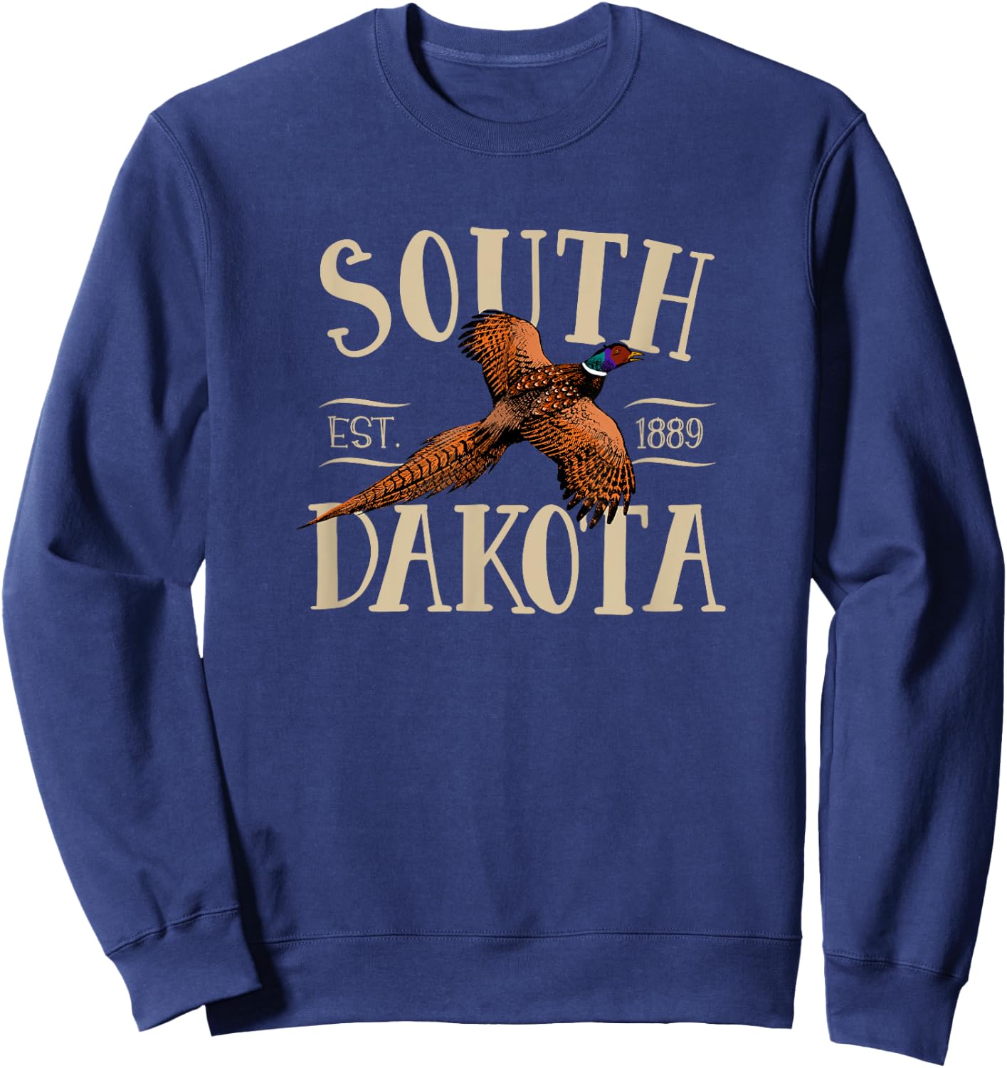 More Cool South Dakota Designs -Kids Black Small Modern Floral Letter Print with Distinctive Pheasant Design, Soft Cotton Fabric Sweatshirt - Sweatshirt | Navy