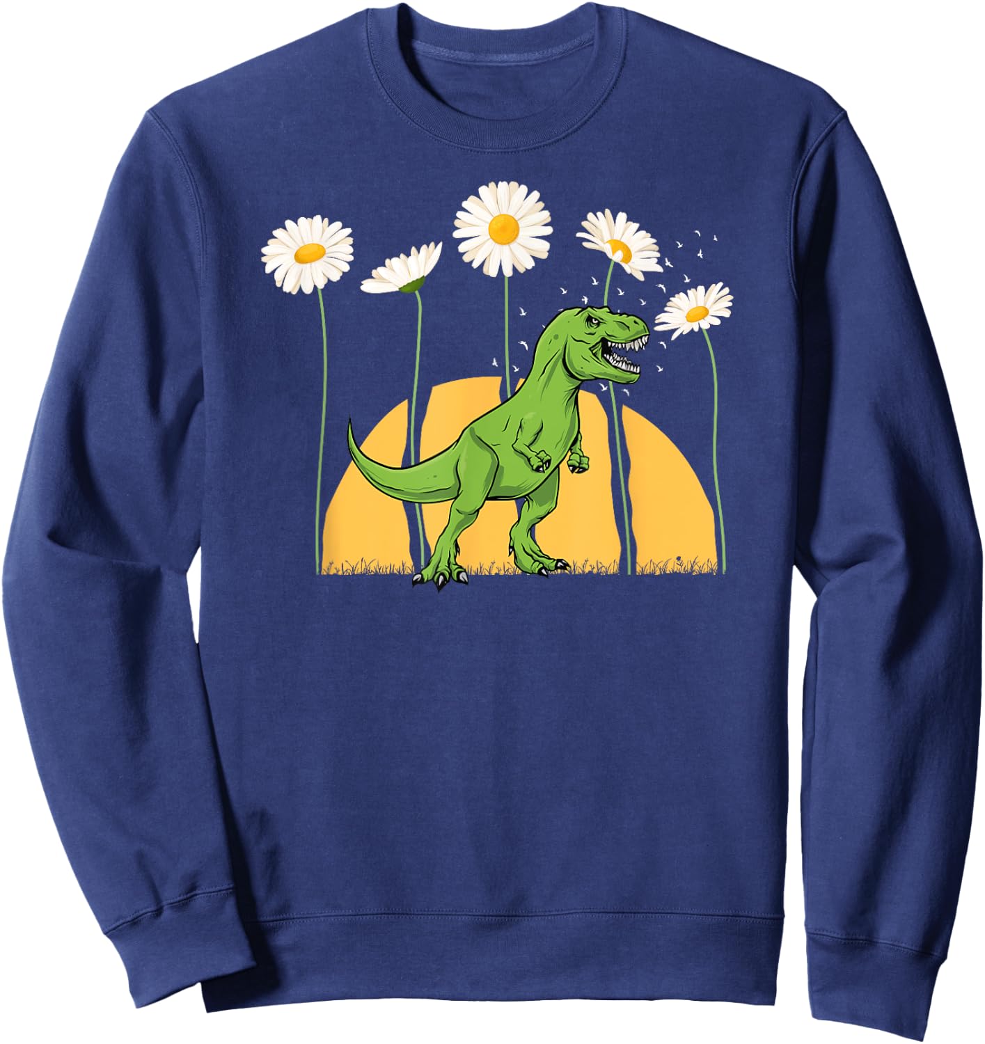 Dinosaur Spring Sunset Towering Daisy Flowers Dino T rex Sweatshirt - Sweatshirt | Navy