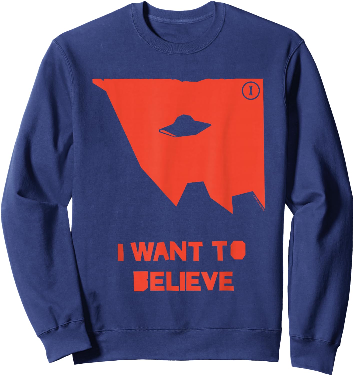 X-Files I Want To Believe UFO Silhouette Big Chest Text Logo Sweatshirt - Sweatshirt | Navy