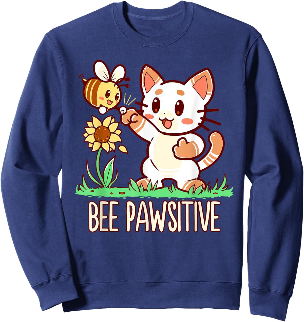 Bee Pawsitive Cat and Bumble Bee Pun Women Girls Kids Sweatshirt - Sweatshirt | Navy